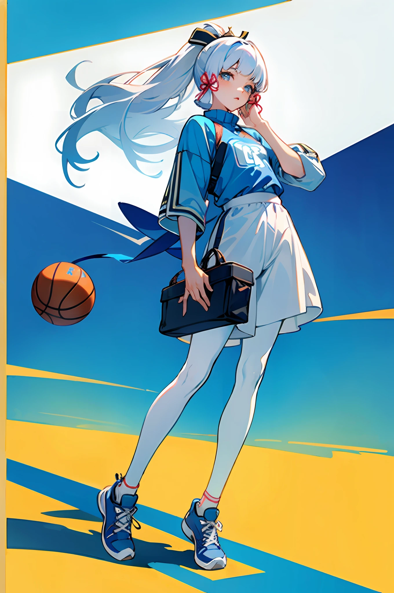 4k, realistic, very detail, there is a girl in the basket ball field, she is a basket ball player, sport theme, soft clothes, long hair, wearing legging, 25 years old, full body, wearing nike shoes, white hair, blue eye, ayaka, genshin impact