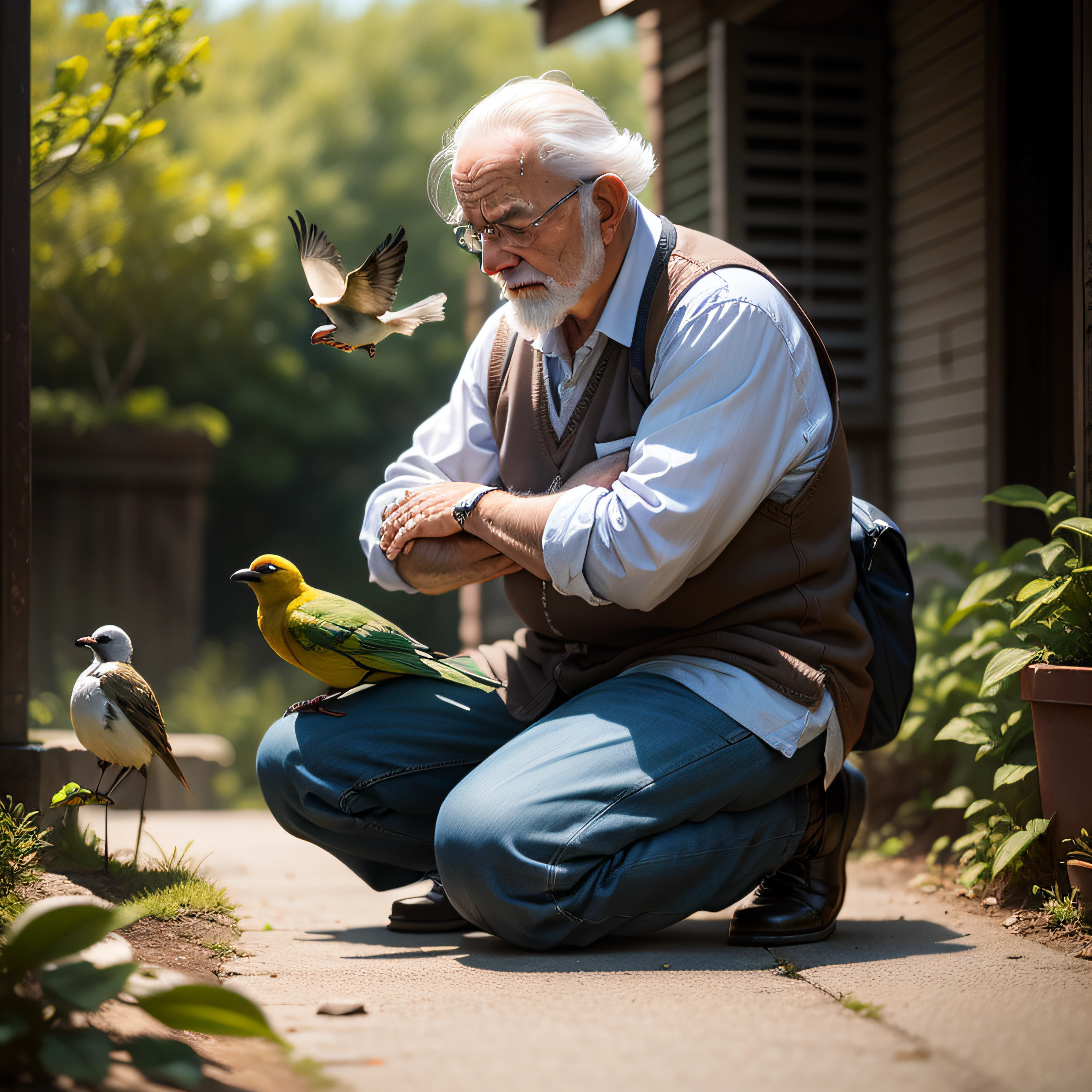 Old man kneeling, praying and bird flying around --auto