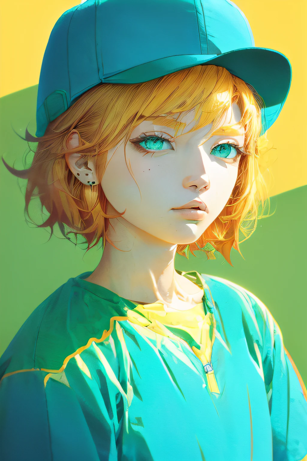 1girl, aqua eyes, baseball cap, blonde hair, closed mouth, earrings, green background, hat, hoop earrings, jewelry, looking at viewer, shirt, short hair, simple background, solo, upper body, yellow shirt,
(waifu, anime, exceptional, best aesthetic, new, newest, best quality, masterpiece, extremely detailed:1.2), arakistyle, jojo:0.8, better eyes + face