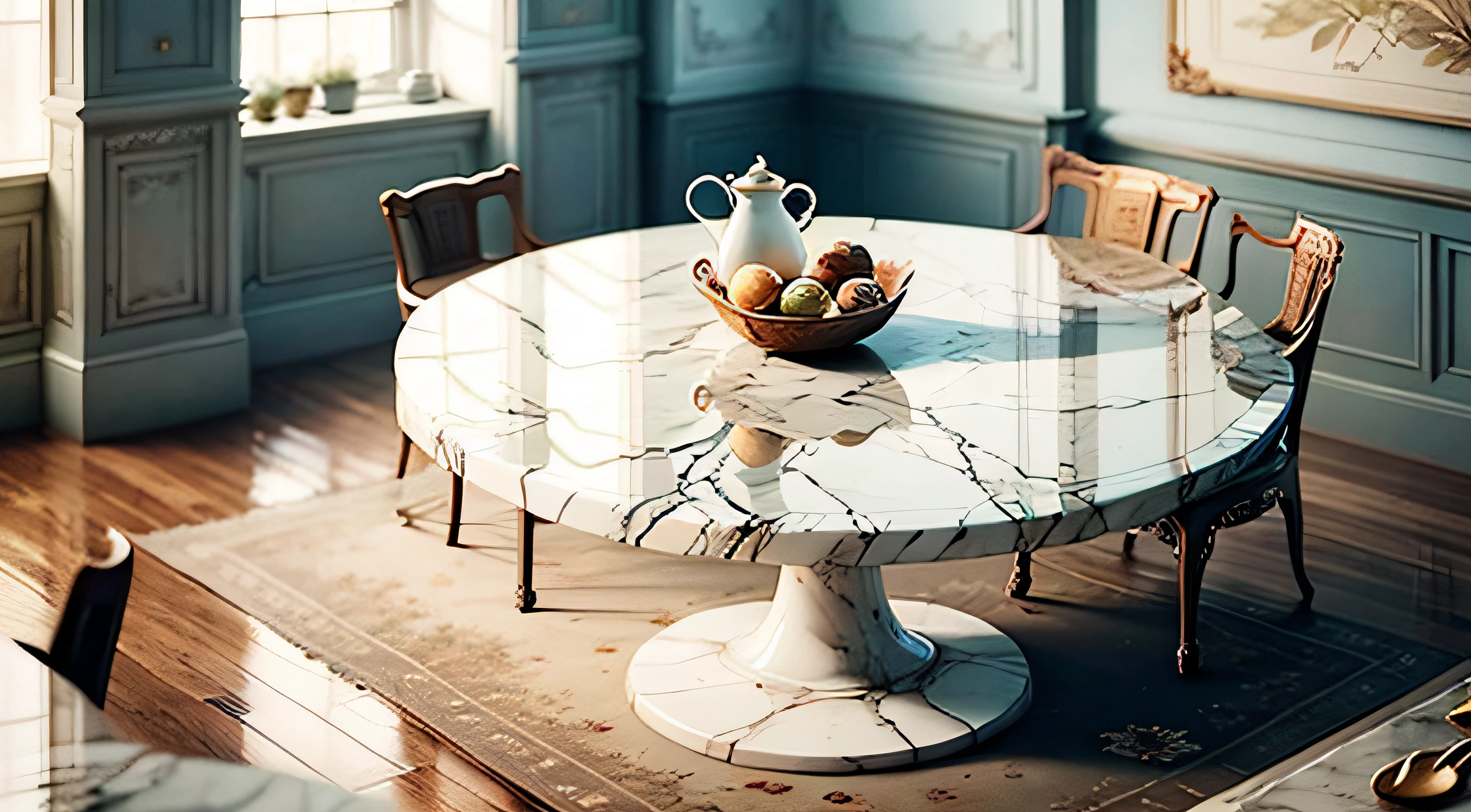 Create a detailed description of a table in the dining room made of marble, conveying elegance and refinement. The table should be the main highlight, displaying the beauty and quality of the marble used.

Describe the marble of the table accurately, emphasizing its unique colors, veins, and textures. Highlight the polished and shiny surface of the material, conveying the feeling of sophistication and luxury. Also highlight the durability and strength of marble, which make it a perfect choice for a dining room table.

When describing the table, highlight its proportions and its elegant design. Describe the solid and stable base, as well as the shape and size of the marble surface. Mention the meticulous details, such as the thin edges and rounded corners, which accentuate the beauty of the set.

Capture readers' attention with the photographic description of the marble table. Describe the angles, framing, and focus of the camera, highlighting the grandeur and beauty of the marble. Use lighting strategically to highlight the details and soft reflections present on the surface.

Finally, its goal is to convey the feeling of a table in the dining room made of marble, which stands out for its elegance and quality. Describe it in a way that captivates readers, highlighting its beauty and functionality. With the combination of detailed description and photography, create a realistic and immersive visual experience, highlighting the grandeur of this marble dining room table. --auto