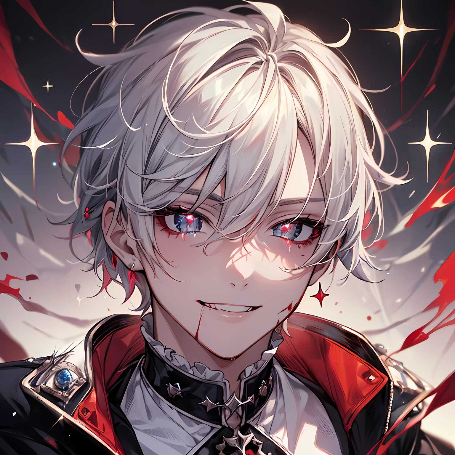 Best quality, ultra high detail, extremely detailed eyes, detailed face, male face, a boy, short white hair, ((red incandescent sparkling eyes:1.4)), (bleeding), gothic static background with blood spreading, he wears a white jacket with blood, his smile is macabre, dark, dark--Niji:5--gothic cinema lighting--Paramount and Wit Studios --s2