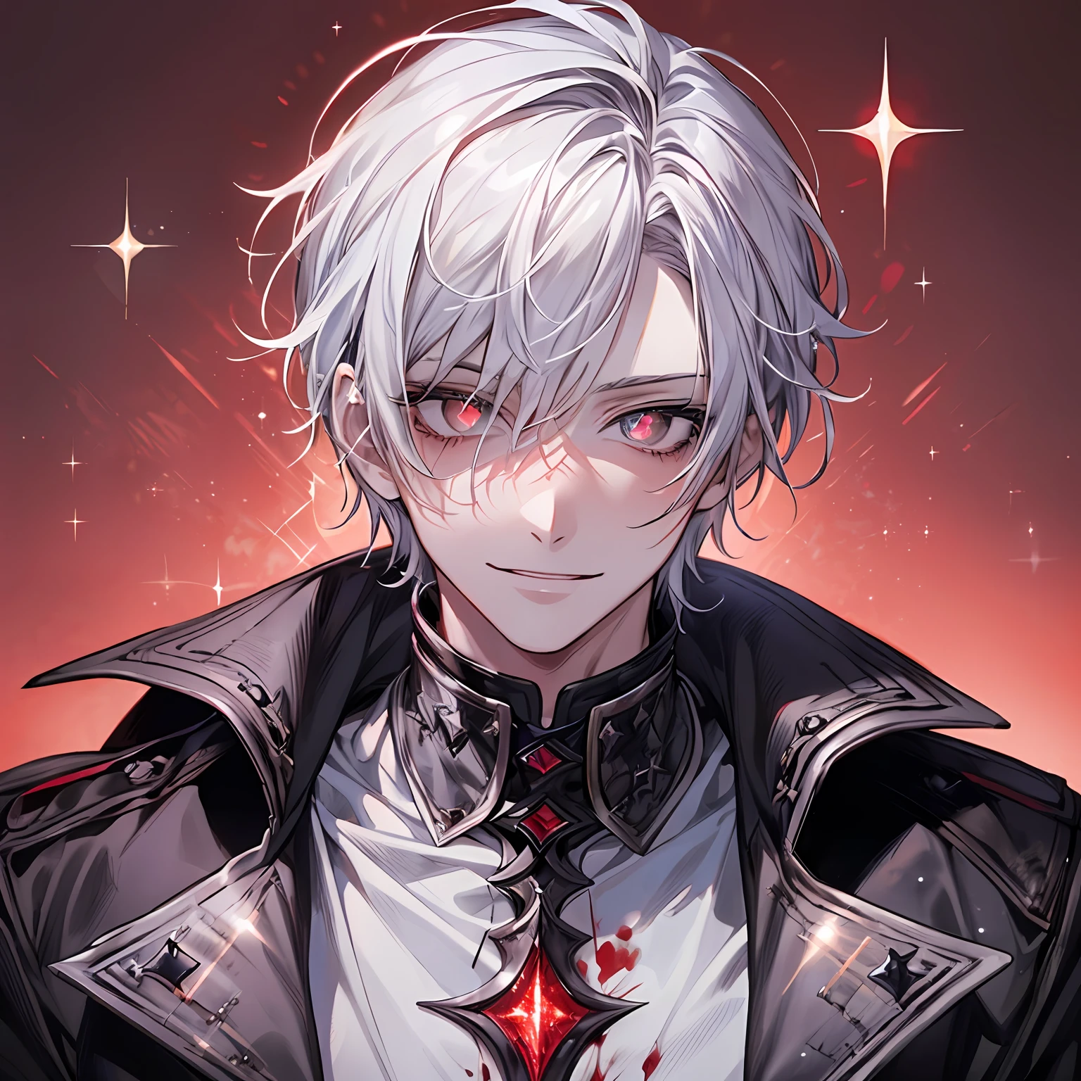 Best quality, ultra high detail, extremely detailed eyes, detailed face, male face, a boy, short white hair, ((red incandescent sparkling eyes:1.4)), (bleeding), gothic static background with blood spreading, he wears a white jacket with blood, his smile is macabre, dark, dark--Niji:5--gothic cinema lighting--Paramount and Wit Studios --s2