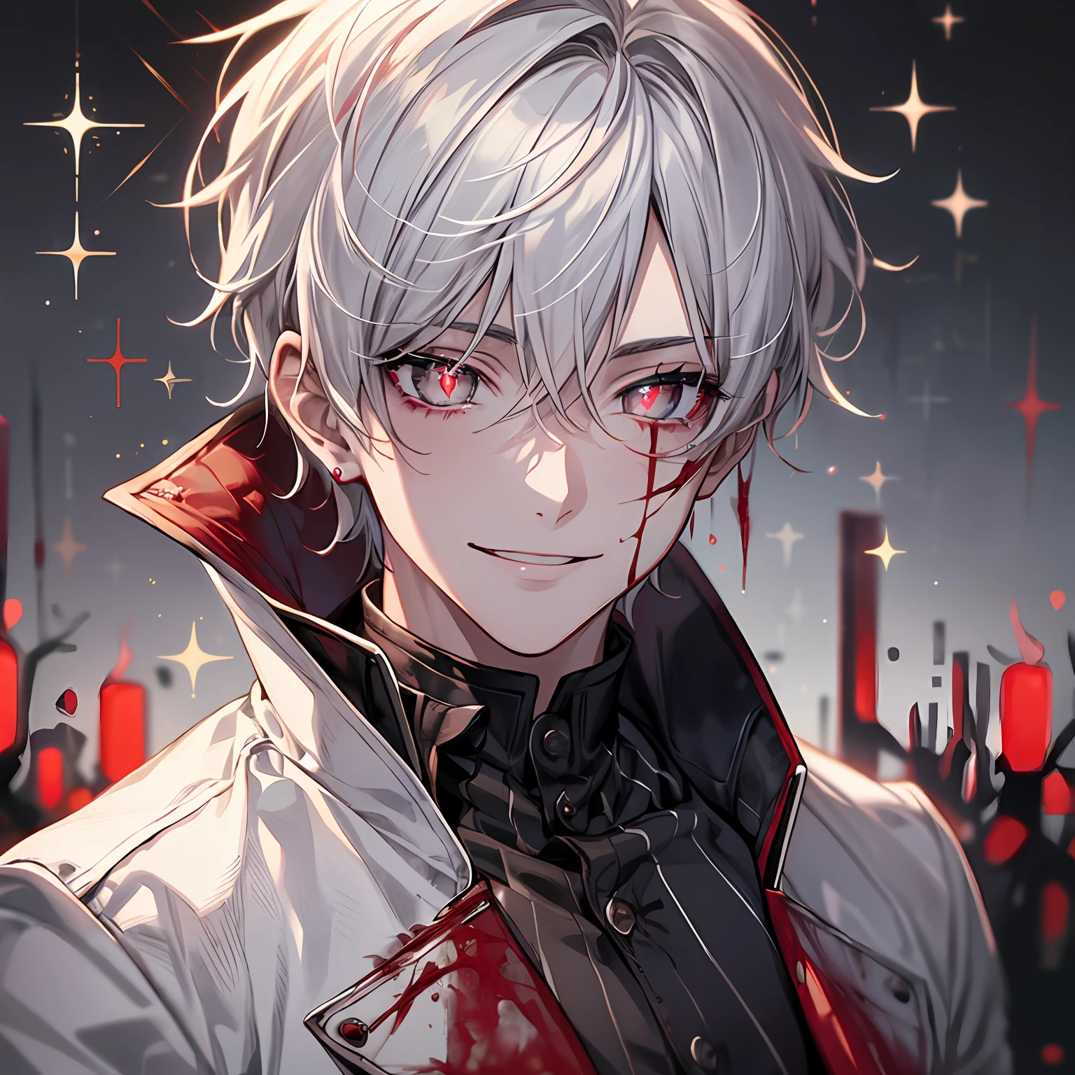 Best quality, ultra high detail, extremely detailed eyes, detailed face, male face, a boy, short white hair, ((red incandescent sparkling eyes:1.4)), (bleeding), gothic static background with blood spreading, he wears a white jacket with blood, his smile is macabre, dark, dark--Niji:5--gothic cinema lighting--Paramount and Wit Studios --s2