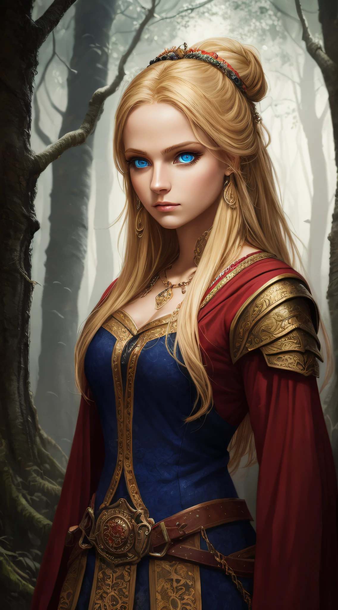 Illustration of warrior princess, 8k of a beautiful blonde hair, elegant clothes, highly detailed, majestic, digital photography, wistful art art, grimm wood ,surreal painting , masterpiece, side lighting, beautiful blue eyes finely detailed: 1.2 ), hdr, --auto