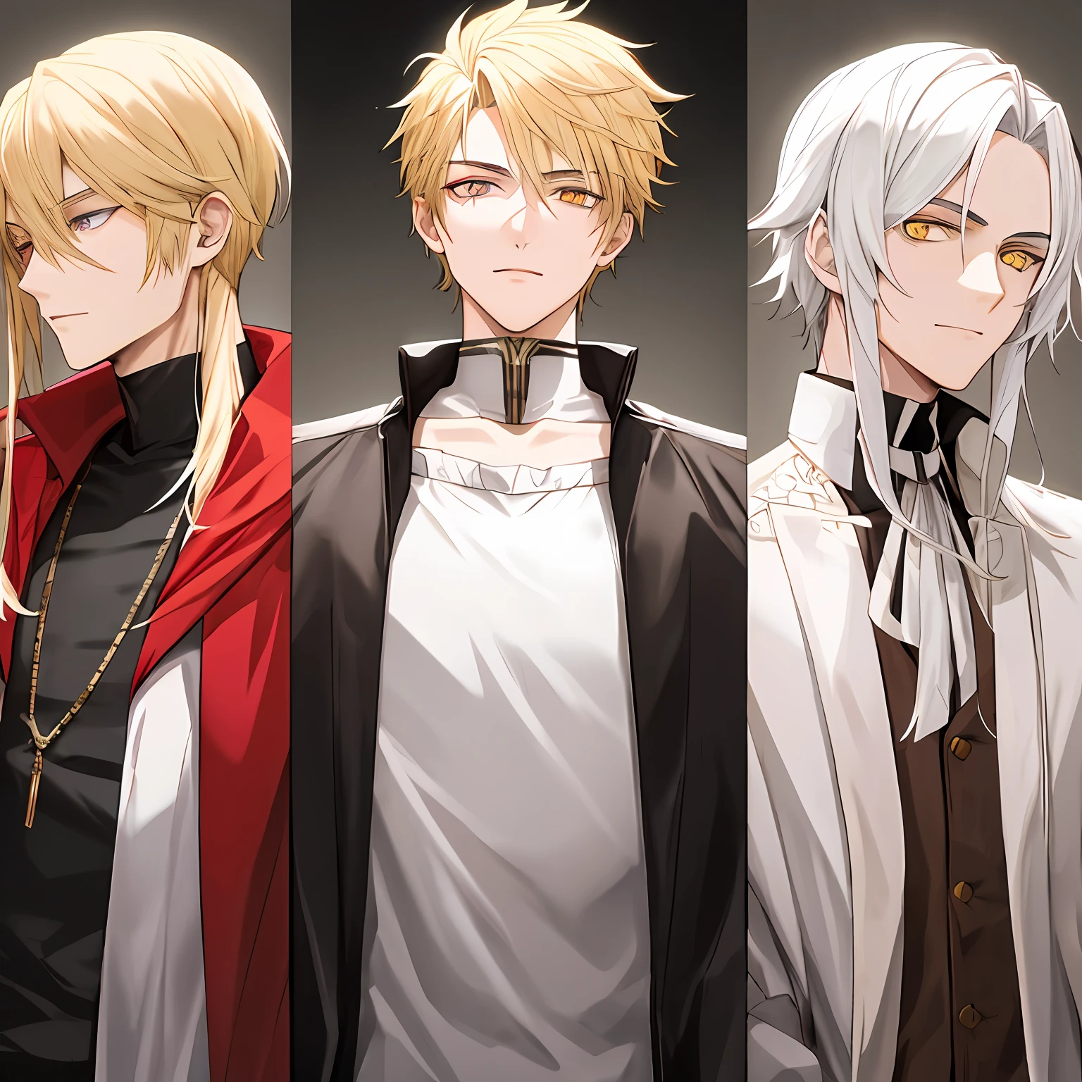 Beautiful boy with blond hair, middle hairstyle in front, wolf tail in the back, crimson eyes, relatively white skin