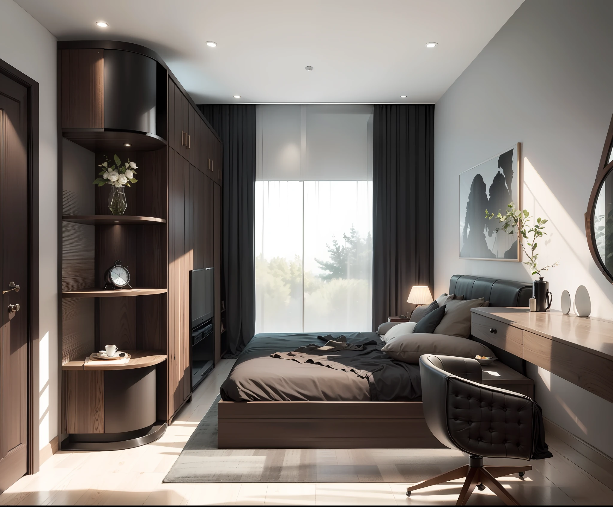 The morden bedoom design furniture, including armchairs upholstered in black and gray leather, tempered glass coffee tables with chrome bases, a solid wood meeting table with black leather chairs, and a built-in bookcase with brown leather bound legal books.