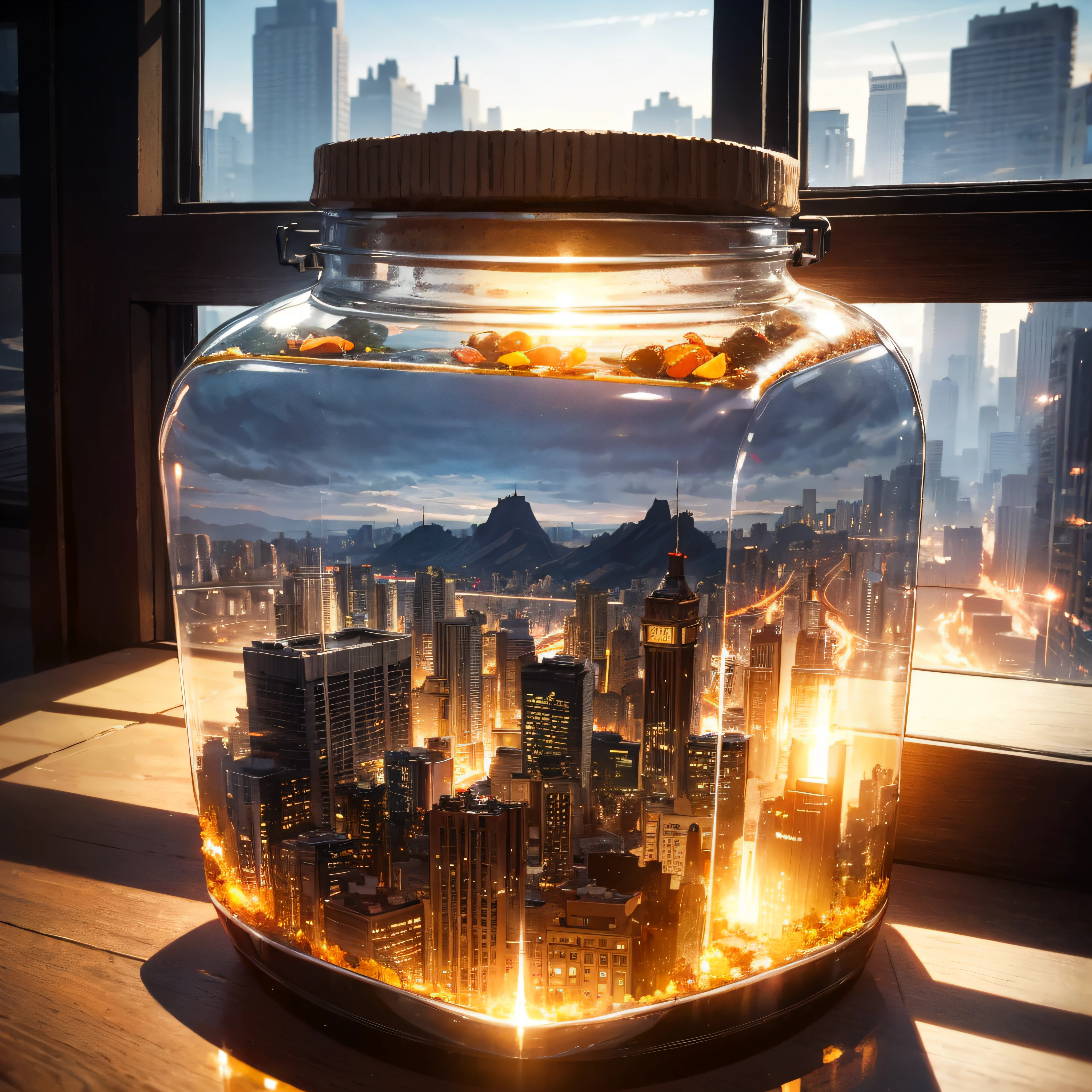 city of Rio de Janeiro inside a square glass jar with lid, placing on the windowsill, extremely detailed, 8K, apocalyptic punk style, miniatures, macro photography in close-up --auto