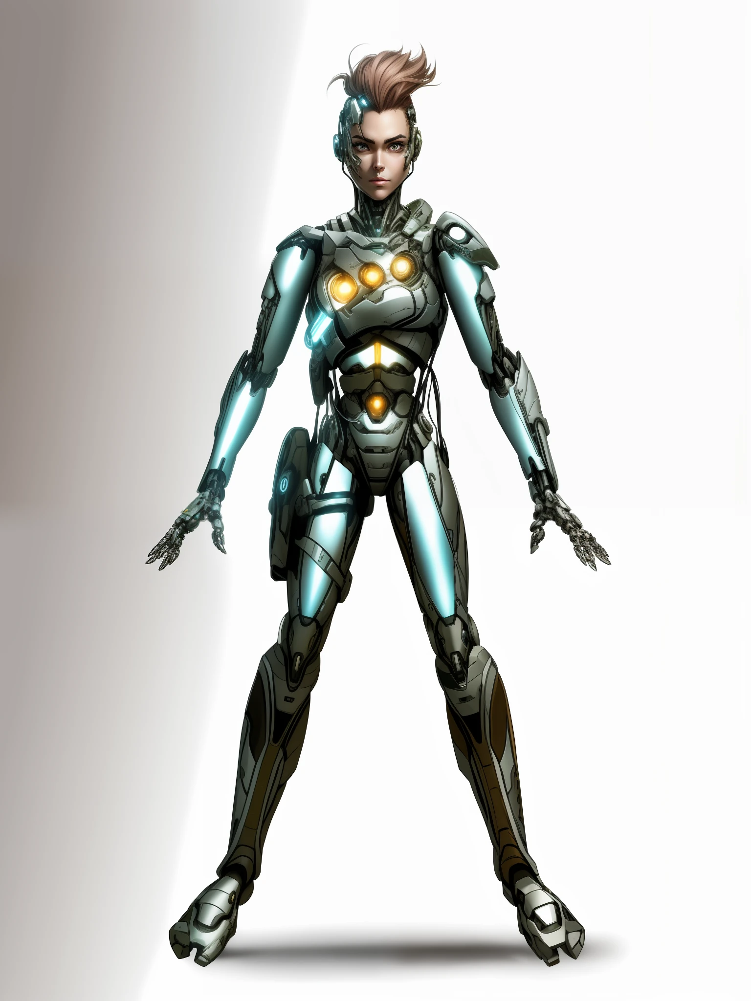 a woman in a futuristic suit, cyborg female, female cyborg, female cyborg, intricate cyborg, gynoid cyborg body, cyber suit, cyborg body, cybernetic cyborg warrior, cyborg fashion model, cyber fight armor, detailed humanoid, cybernetic body, anime cyborg, beautiful face, simple background