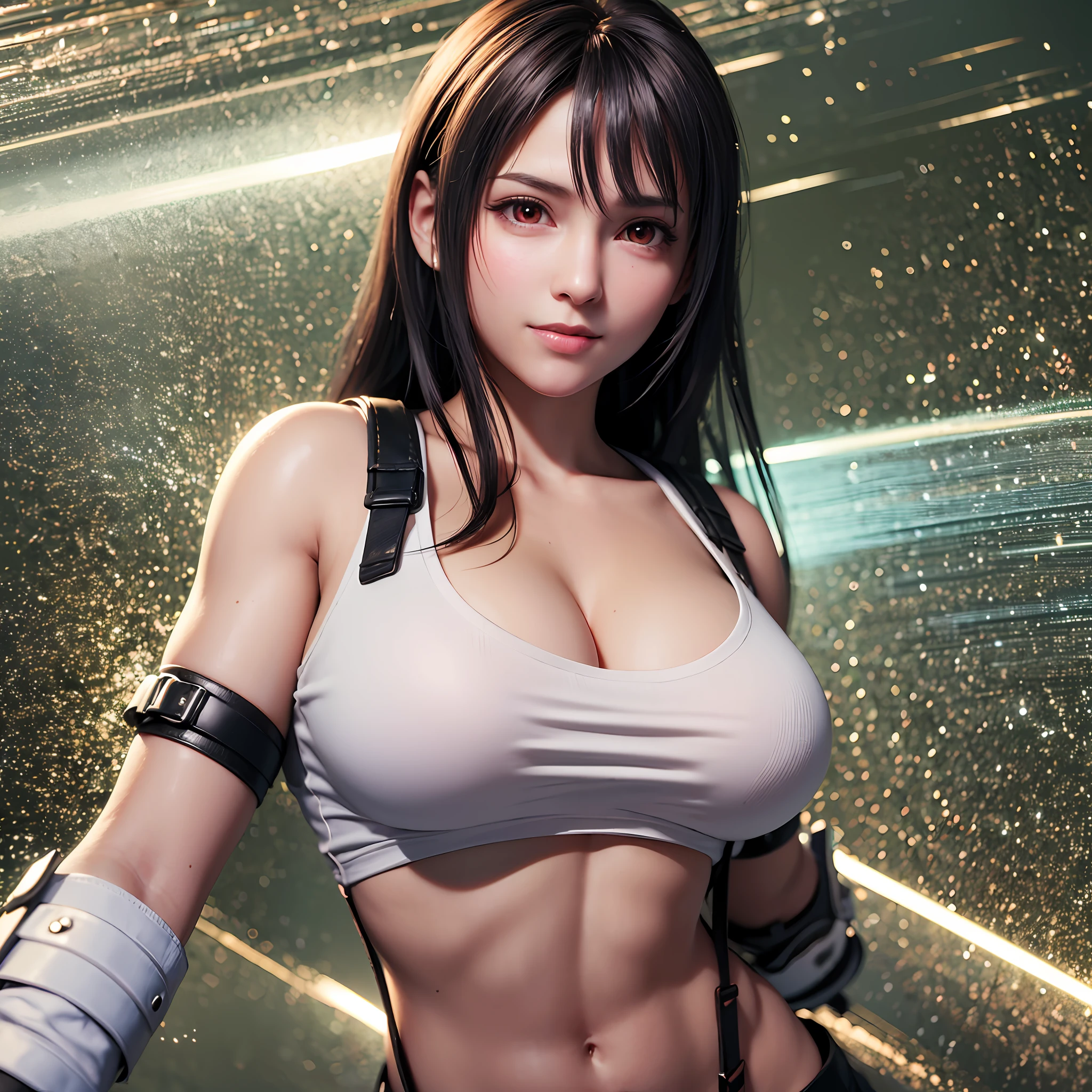 8k,masterpiece, bset quality,big, (1 girl), tifa lockhart, red_eyes, black hair, long hair, shiny skin, shiny big, ((best quality)), crisp focus: 1.2, highly detailed face and skin texture, detailed eyes, perfect face, perfect body, art, cg, blur background, big with presence, (20yo, Mature cool and beautiful face), wearing ((suspender black skirt)),(( black elbow gloves, white taut shirt, thigh, white tank top, navel, blush)), futuristic robot weapon factory, upper body, smile, professional light source, fluttering hair, dynamic action, dynamic pose,