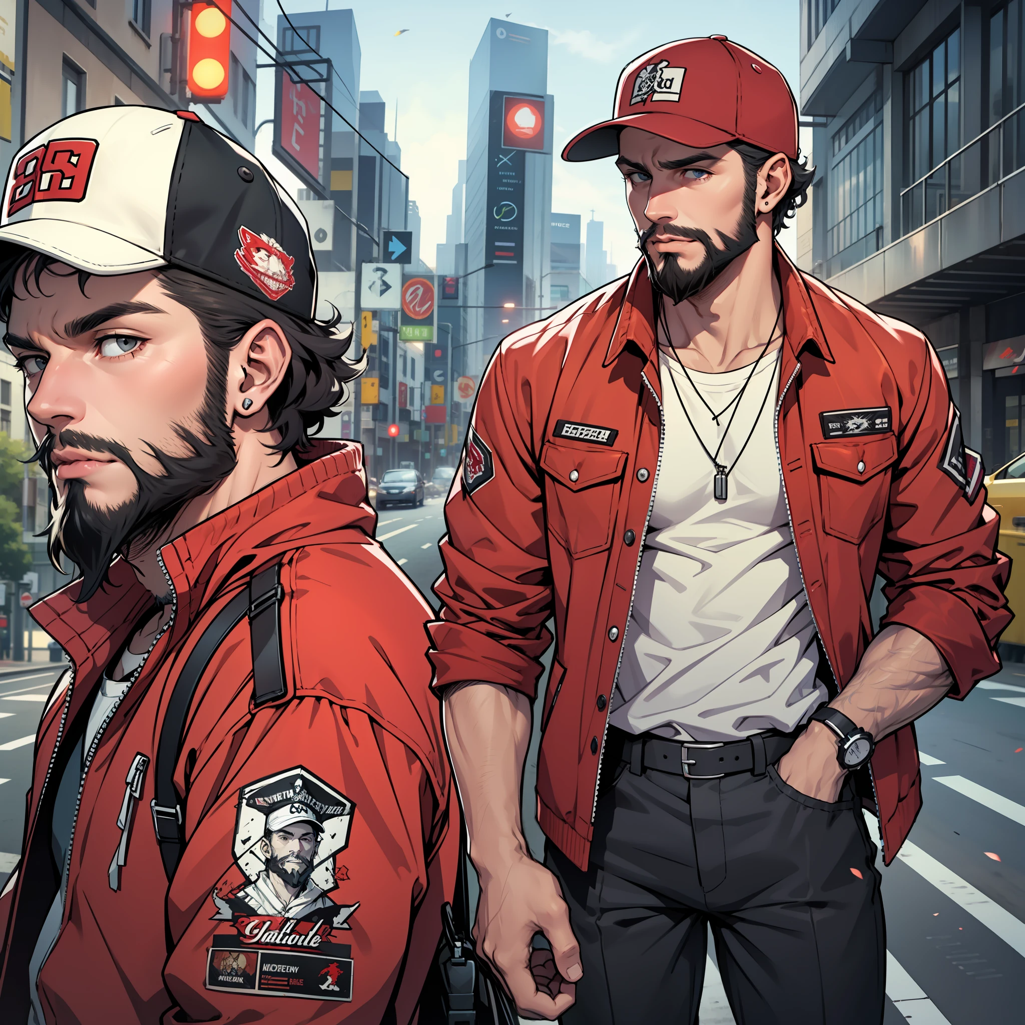 character sheet, white male with curly short hair and beard, red baseball cap, black and red utility jacket, motorist, high quality, handsome