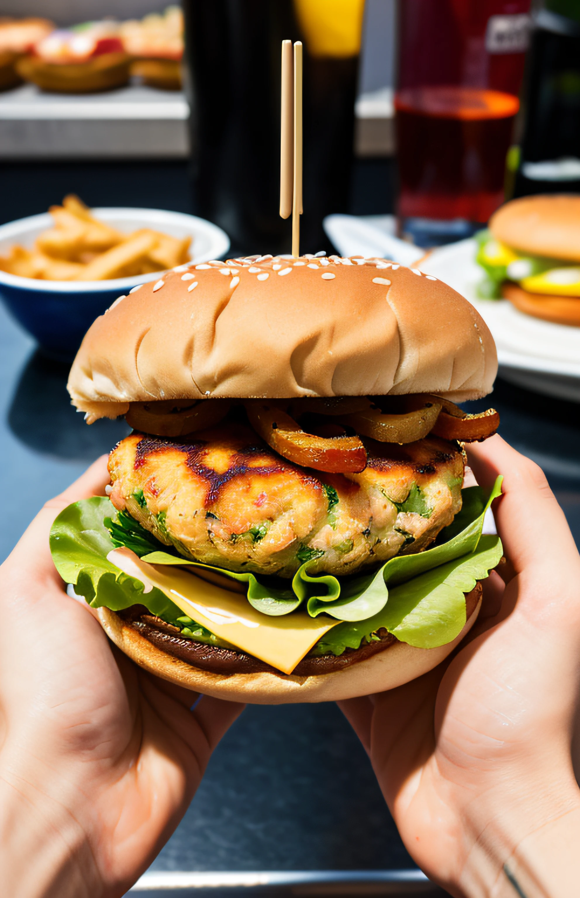 Photo of a delicious fish burger with extra bacon, (Galaxy cafeteria background)+, Brioche bread, cheese dish, black hands holding (complex details: 1.12), HDR, (complex details, hyperdetailed: 1.15)