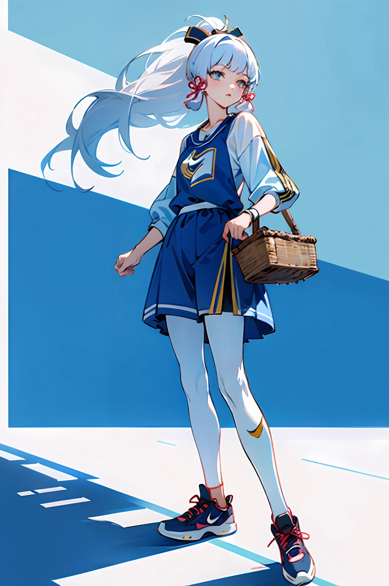 4k, realistic, very detail, there is a girl in the basket ball field, she is a basket ball player, sport theme, soft clothes, long hair, wearing legging, 25 years old, full body, wearing nike shoes, white hair, blue eye, ayaka, genshin impact
