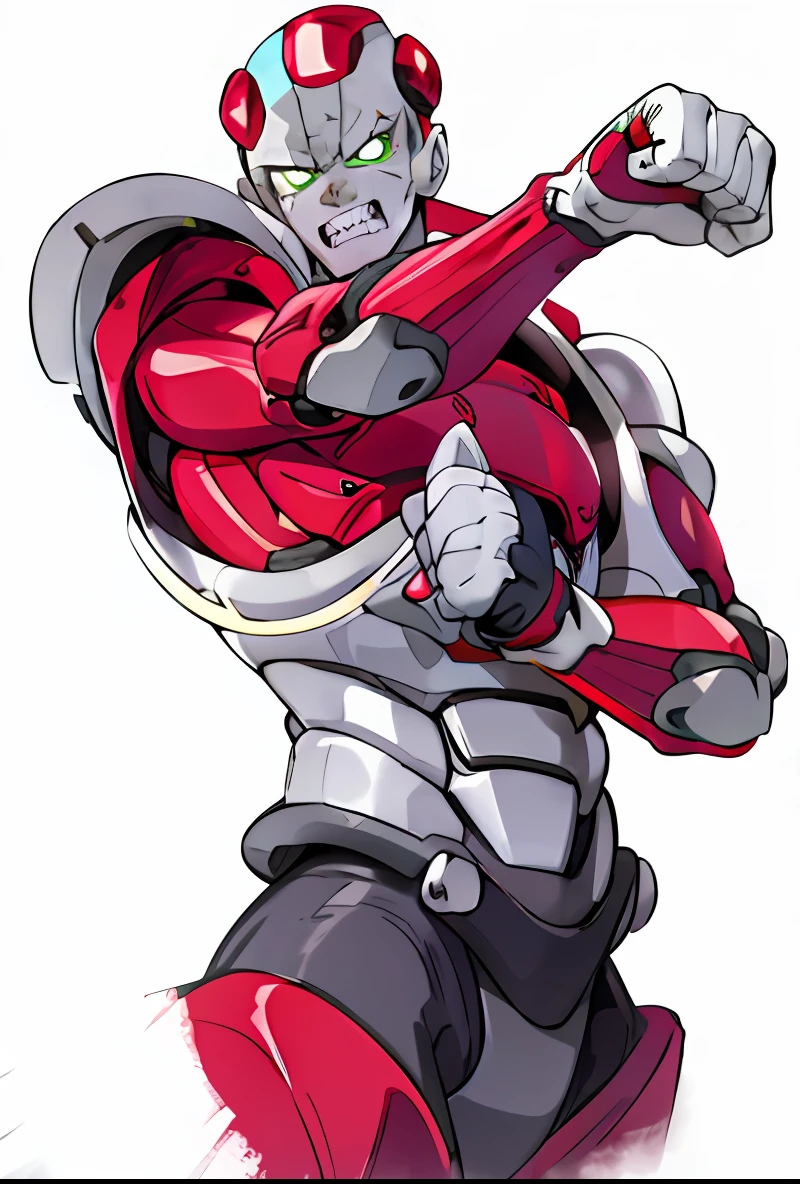 king crimson, humanoid, red body with white stripes, white colors, green eyes, serious, white hands, teeth out, green knuckles, hd, highres