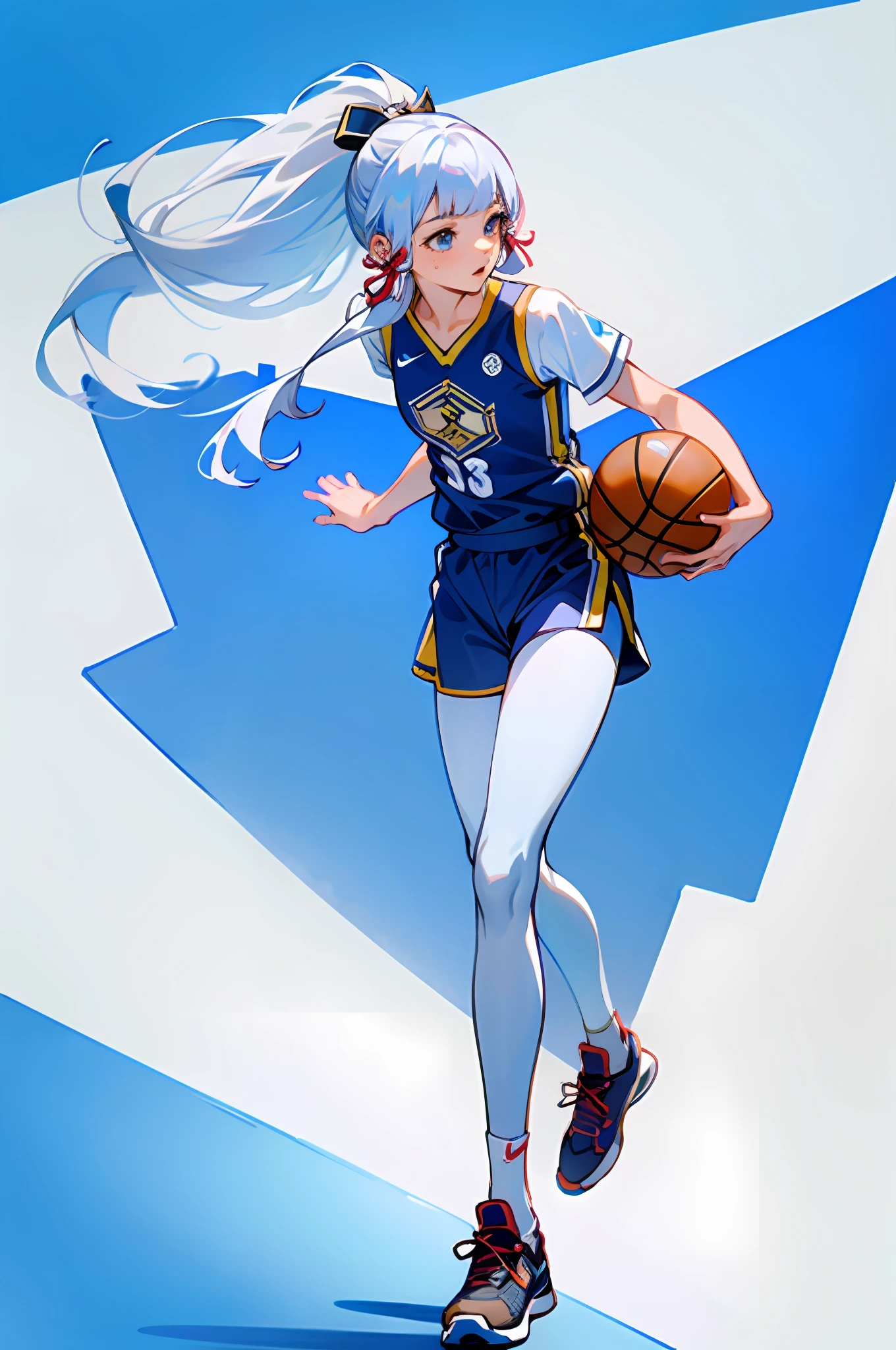 4k, realistic, very detail, there is a girl in the basket ball field, she is a basket ball player, sport theme, soft clothes, long hair, wearing legging, 25 years old, full body, wearing nike shoes, white hair, blue eye, ayaka, genshin impact, basketball court