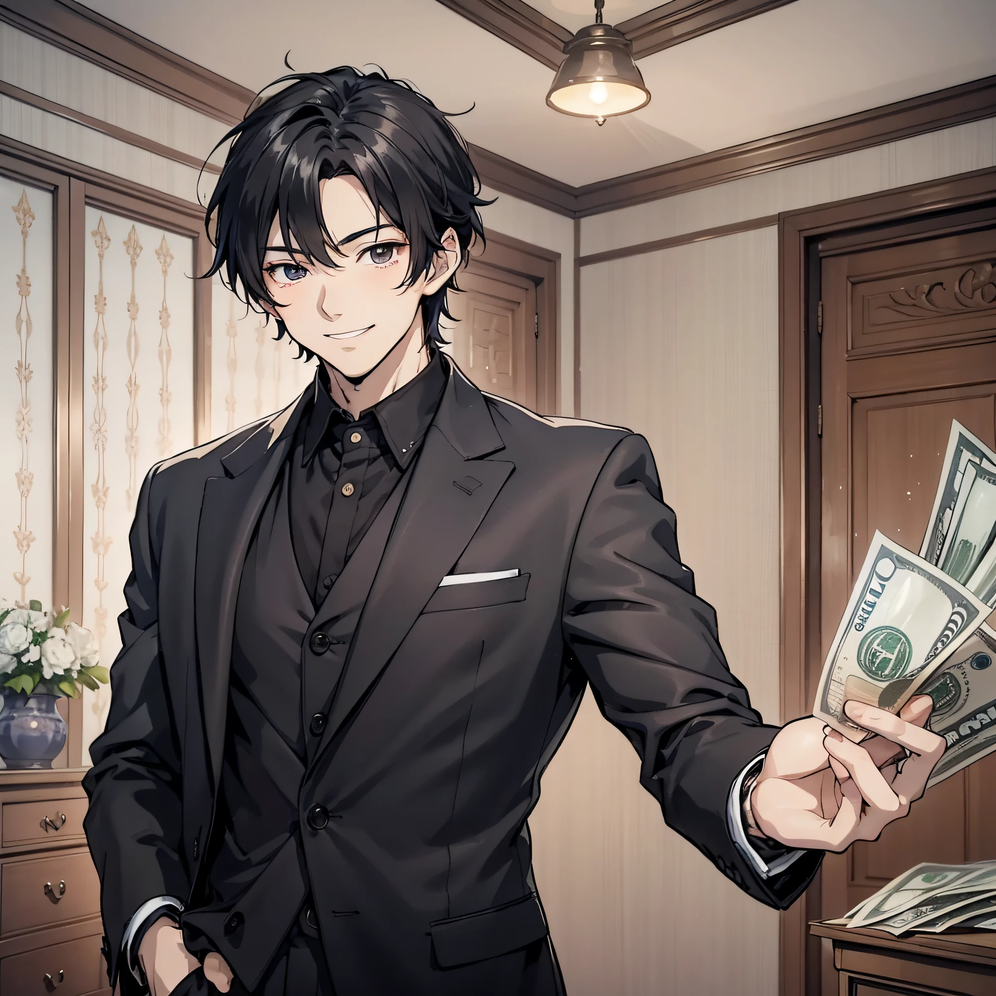 A 20-year-old anime boy with short black hair and a black suit standing in a luxurious room holding his hand and smiling, there is a lot of money in the room (smile 1.5) banknote 1.3 (the background is a room full of banknotes 1.5) anime style 4 K, anime rendering, anime style. 8k, handsome anime face (full body display 1.5) (handsome boy 1.3) (cinematic light 1.5)