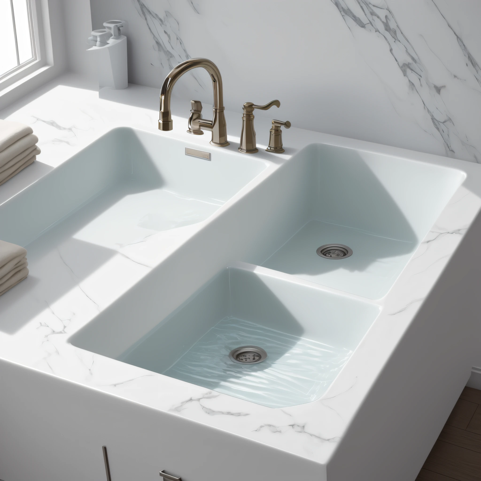Create a detailed description of a kitchen sink made of marble, conveying elegance and functionality. The sink should be the main highlight, displaying the beauty and quality of the marble used.
Describe the marble in the sink accurately, emphasizing its distinctive colors, veins, and textures. Highlight the smooth and shiny surface of the material, conveying the feeling of luxury and refinement. Also highlight the durability and strength of marble, which make it a perfect choice for a kitchen sink.
When describing the sink, highlight its practical and elegant design. Describe the shape and size of the tub, as well as functional details such as the drain and faucet. Also mention the harmonious integration of the sink with the marble countertop, creating a sophisticated and attractive appearance.
Capture readers' attention with the photographic description of the marble sink. Describe the angles, framing, and focus of the camera, highlighting the beauty and elegance of the marble. Use lighting strategically to highlight the details and subtle reflections present on the surface.
Finally, its goal is to convey the feeling of a kitchen sink made of marble, which stands out for its elegance and functionality. Describe it in a way that holds the readers' attention, highlighting its beauty and durability. With the combination of detailed description and photography, create a realistic and immersive visual experience, highlighting the grandeur of this marble kitchen sink --auto