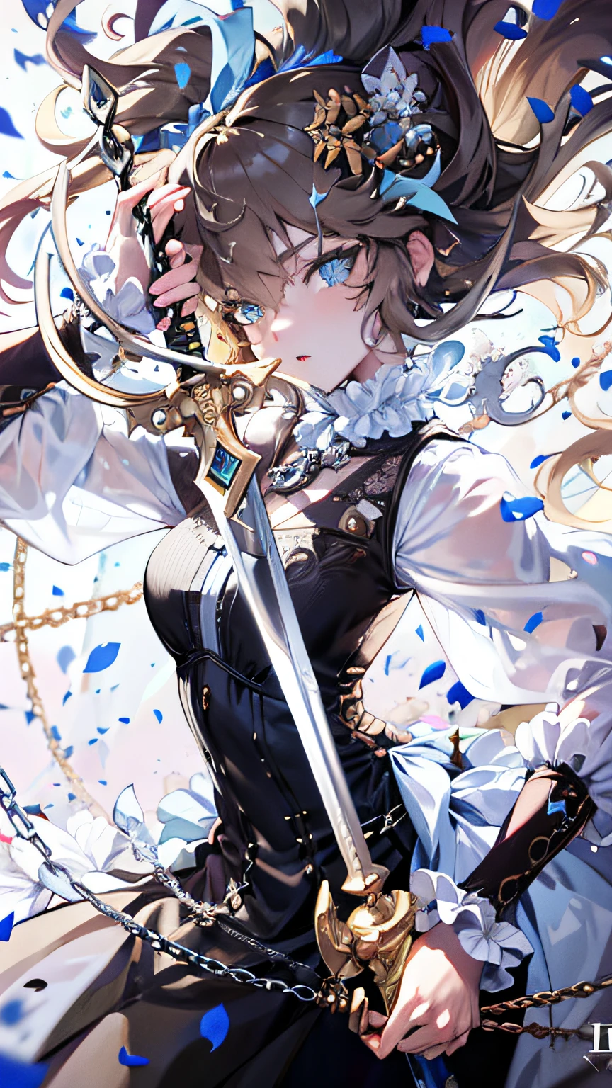 a woman with a sword and a chain around her neck, detailed key anime art, beautiful sword, holding a sword on her shoulder, key anime art, detailed anime character art, highly detailed exquisite fanart, she is holding a sword, detailed anime art, anime key visual of elegant, clean detailed anime art, detailed anime artwork, high detailed official artwork, beautiful anime art --auto