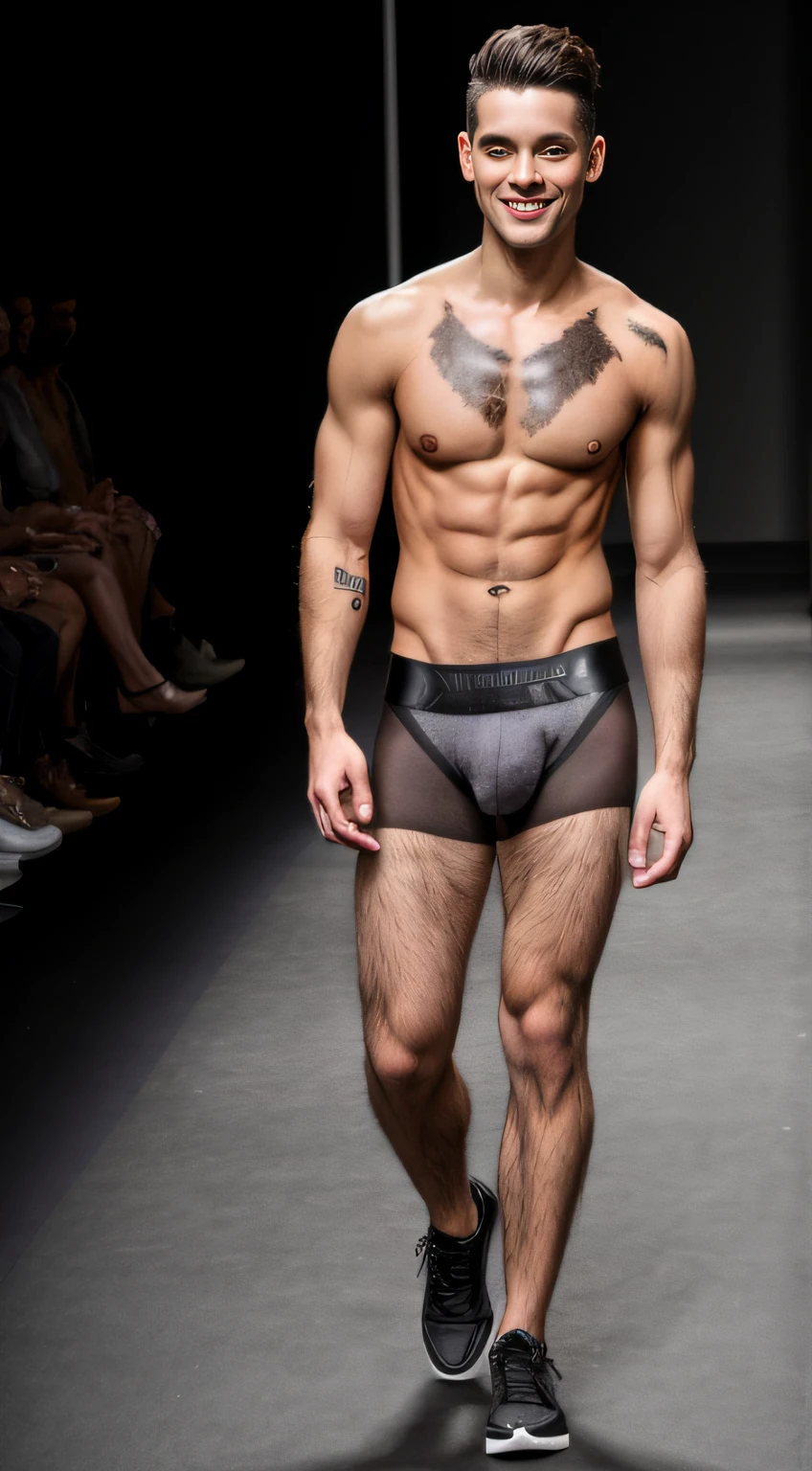 man with vitiligo, thin, twink, parading without shirt, black hair, short black beard, fashion show, milan fashion, show, sexy, smiling, full body, body positivy