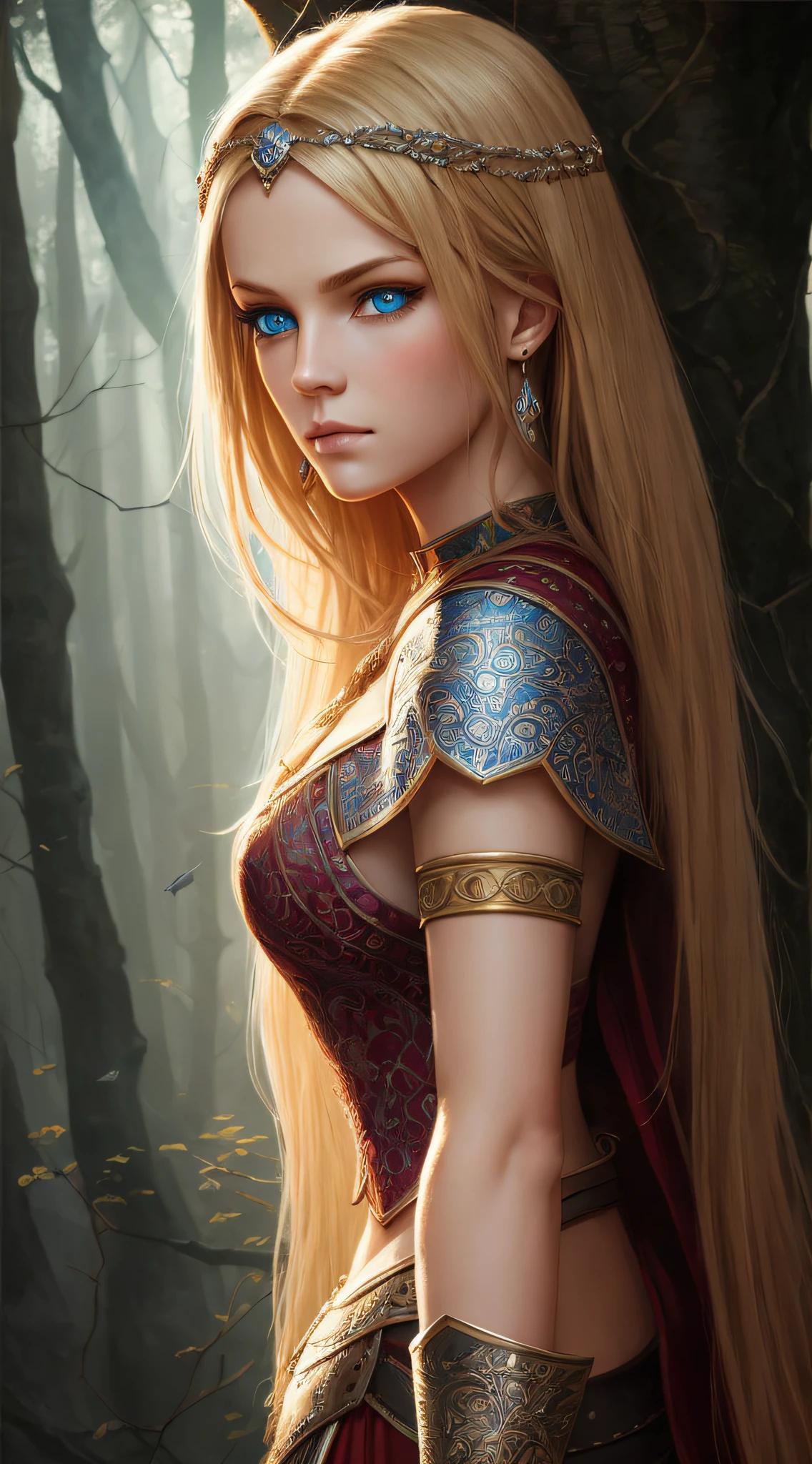 Illustration of warrior princess, 8k of a beautiful blonde hair, elegant clothes, highly detailed, majestic, digital photography, wistful art art, grimm wood ,surreal painting , masterpiece, side lighting, beautiful blue eyes finely detailed: 1.2 ), hdr, --auto