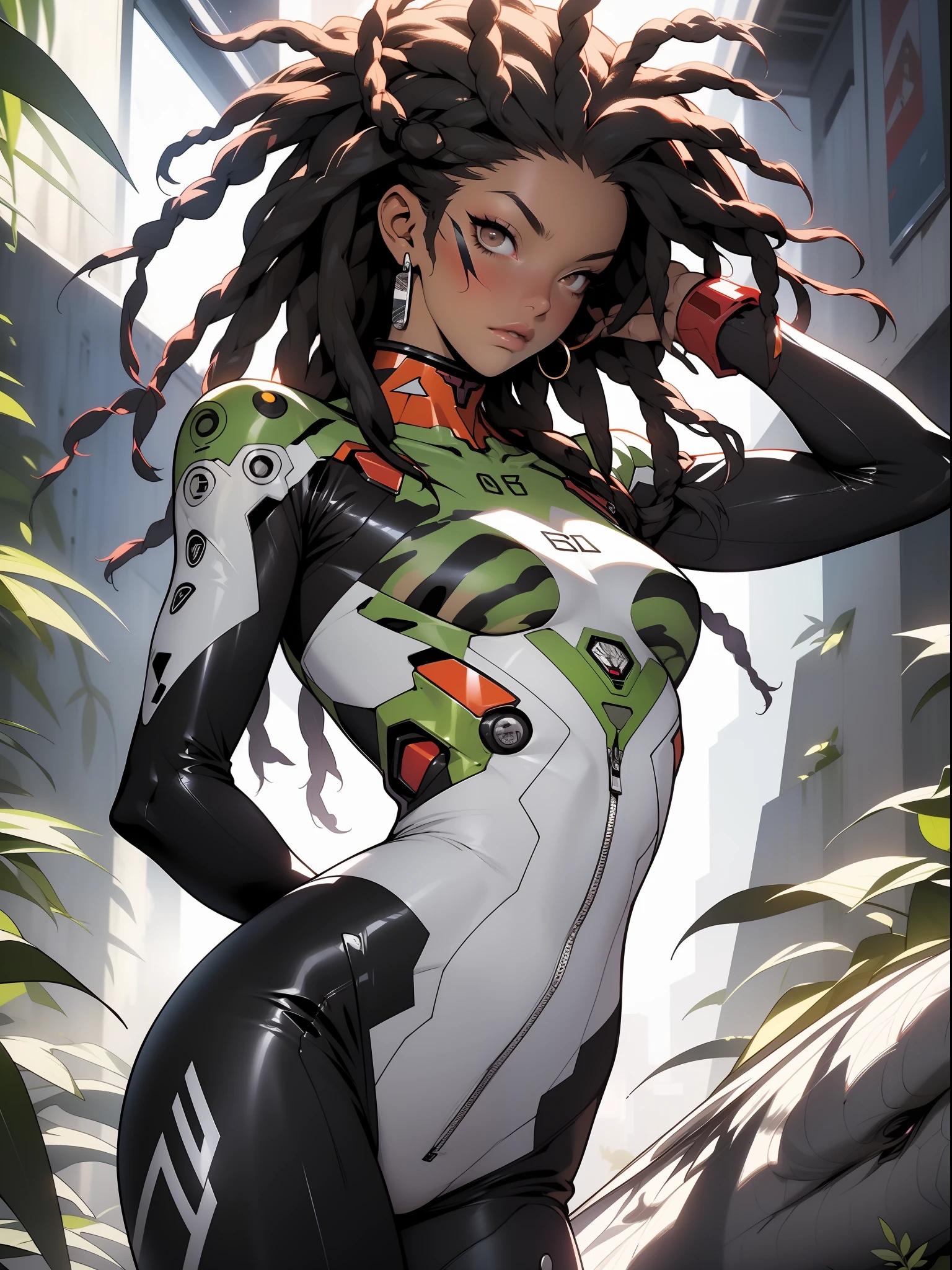 ((Best quality)), ((masterpiece)), (detailed: 1.4), (Absurd), Zulu warrior, zebra, African bracelets and necklaces, black skin, cybernetic hands, Clothing with zebra skin camouflage, explosion of colors, cosmic tattoo, nebulous, sculptural body defined muscle, whole body, half thick naked thighs, closed mouth, body covered by technological clothing, Neon Genesis Evangelion style, cyberpunk, generous neckline, ((perfect medium breasts)),  (super light brown eyes), ((clothing with zebra skin camouflage)), (((black and white hair with dreadlocks)))), long and black eyelashes heavy makeup, various African jewelry, bare legs, by mucha, niji --V5, close to real, psychopath, crazy face, sexy pose, fractal background, 2 piece clothing, pastel, centered, scale to fit the dimensions, HDR (High Dynamic Range), Ray Tracing,NVIDIA RTX,Super-Resolution,Unreal 5,Subsurface Dispersion, PBR Texture, Post-processing, Anisotropic Filtering, Depth of Field, Maximum Clarity and Sharpness, Multilayer Textures, Albedo and Specular Maps, Surface Shading, Accurate Simulation of Light-Material Interaction, Perfect Proportions, Octane Render, Two-Tone Lighting, Wide Aperture, Low ISO, White Balance, Rule of Thirds, 8K RAW, Crysisnanosuit