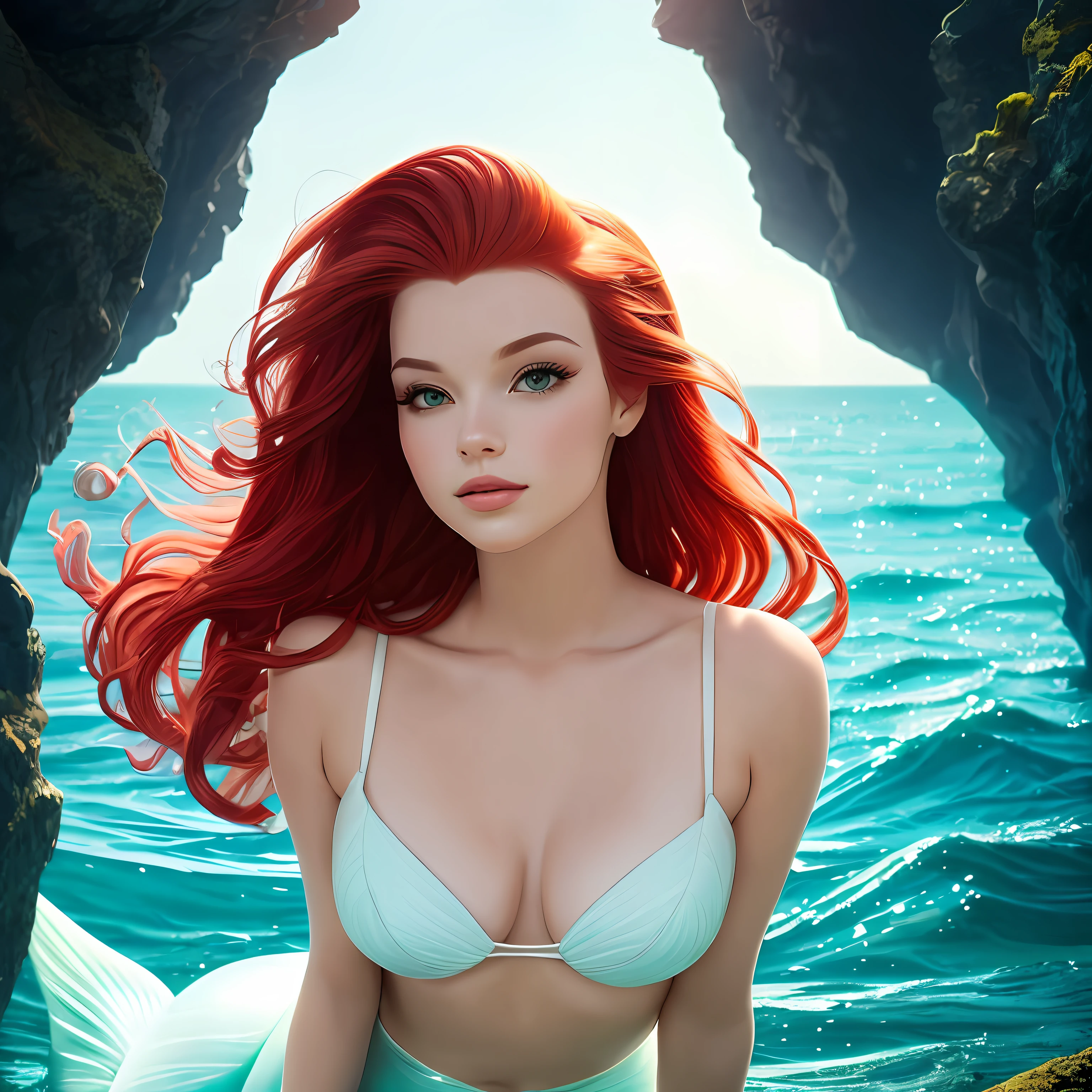 Ariel The Little Mermaid, Film Noire, Dej Stijl ,full body, amazing hair, no clothes no bra, sexy soft light, very beautiful, award-winning, elegant, alluring, dazzling, dreamy, irresistible, lovely, luscious, polished, radiant, sublime, tantalizing, unique, perfect face, head to shoulder portraiture --auto
