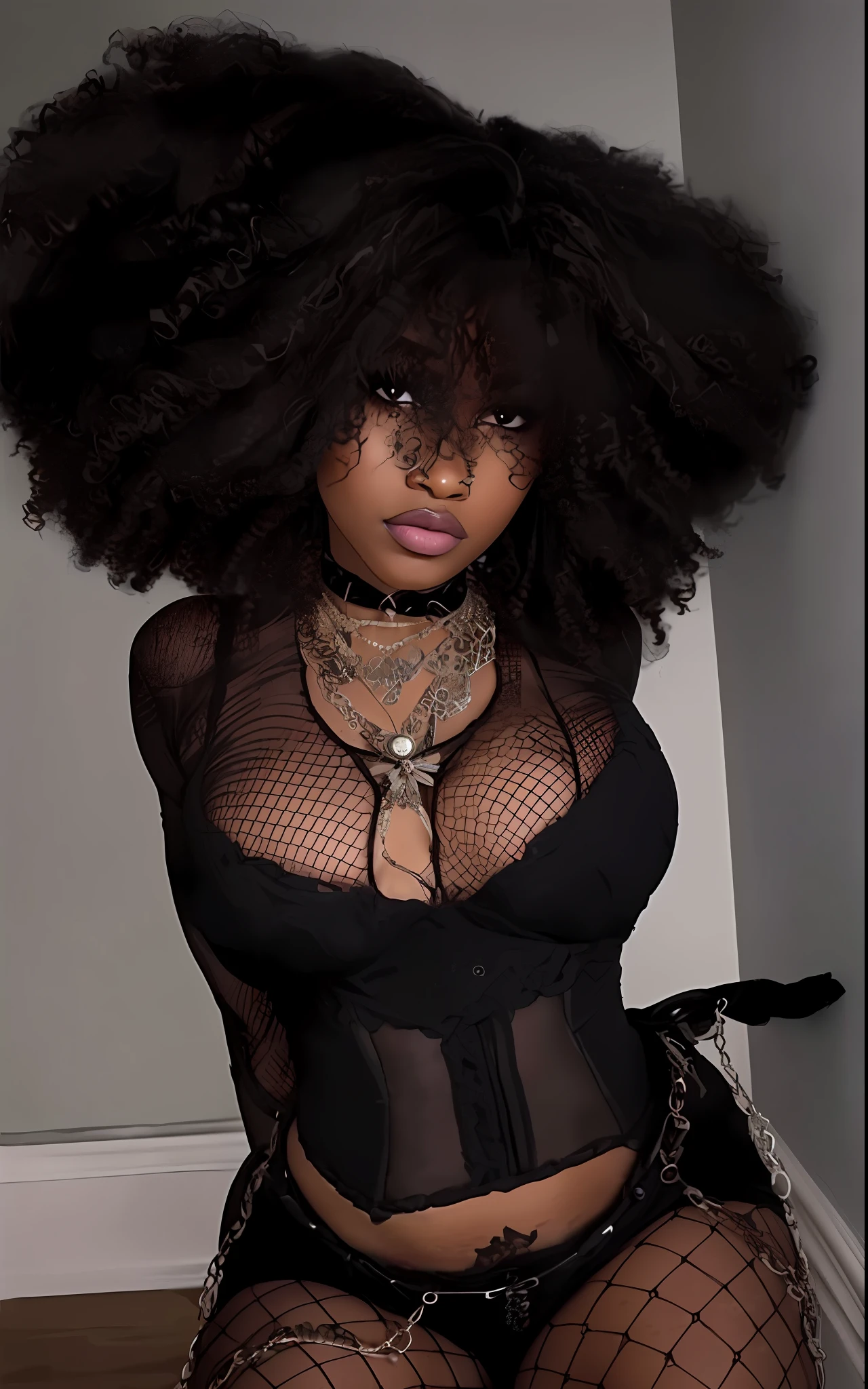 a close up of a woman with a very large afro wearing a black outfit, in a black betch bra, african ????? mistress, she is the queen of black roses, seductive lady, sza, nicki minaj curvy, doja cat, black girl, skintight black bodysuit, doja cat as cat woman, 3/4 bust, wearing intricate black choker