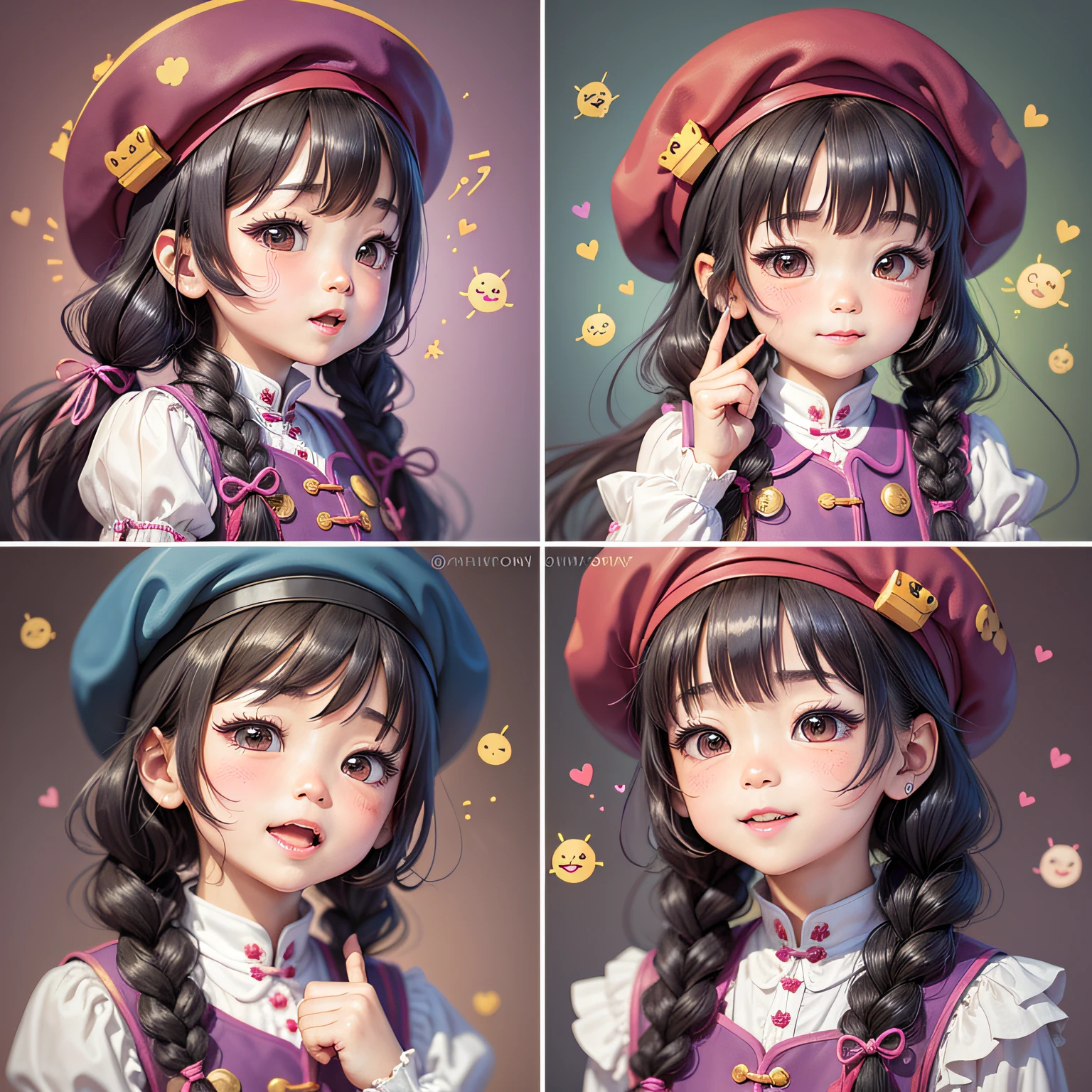 Emoticons, various expressions of an extremely adorable little Chinese girl, with two braids, wearing a purple dress and a lovely beret, Expressions such as happy, laughing, shy, surprised, angry, puzzled, acting cute, curious, and so on, surrounded by heart-shaped symbols, watercolor children's illustration style, bold outline style --ar 3:4 --auto