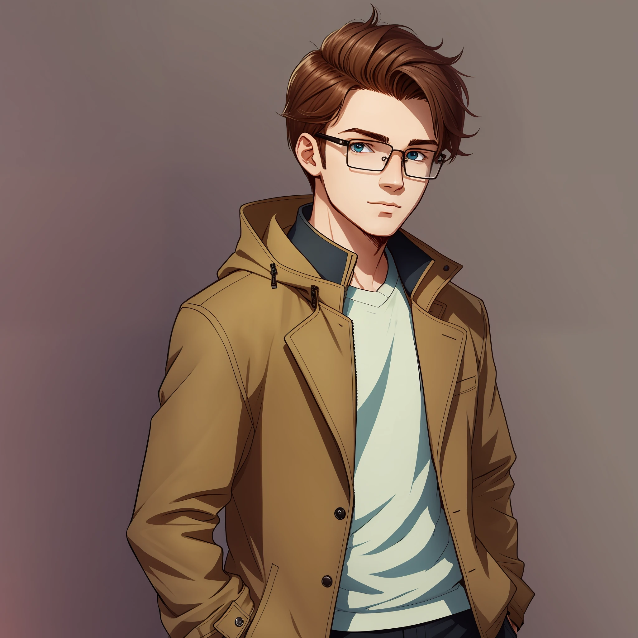 There is a young man wearing glasses and a brown jacket,about 18 years old,short wavy brown hair,Nimona animation style