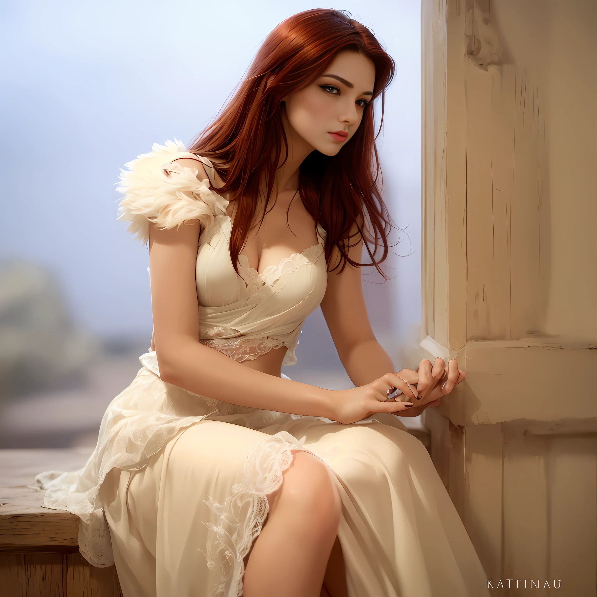 high quality fingers, normal hands, detailed fingers,masterpiece, (realistic, photo-realistic:1.37), (22 years old woman), katarina from league of legends, medium breast, small waist, dark red hair, blue eyes, beautiful face, perfect illumination, beautiful detailed eyes,looking at viewer, stunningly beautiful woman, detailed hairstyle, detailed background,shorts, detailed fantasy background, (sweat:1)