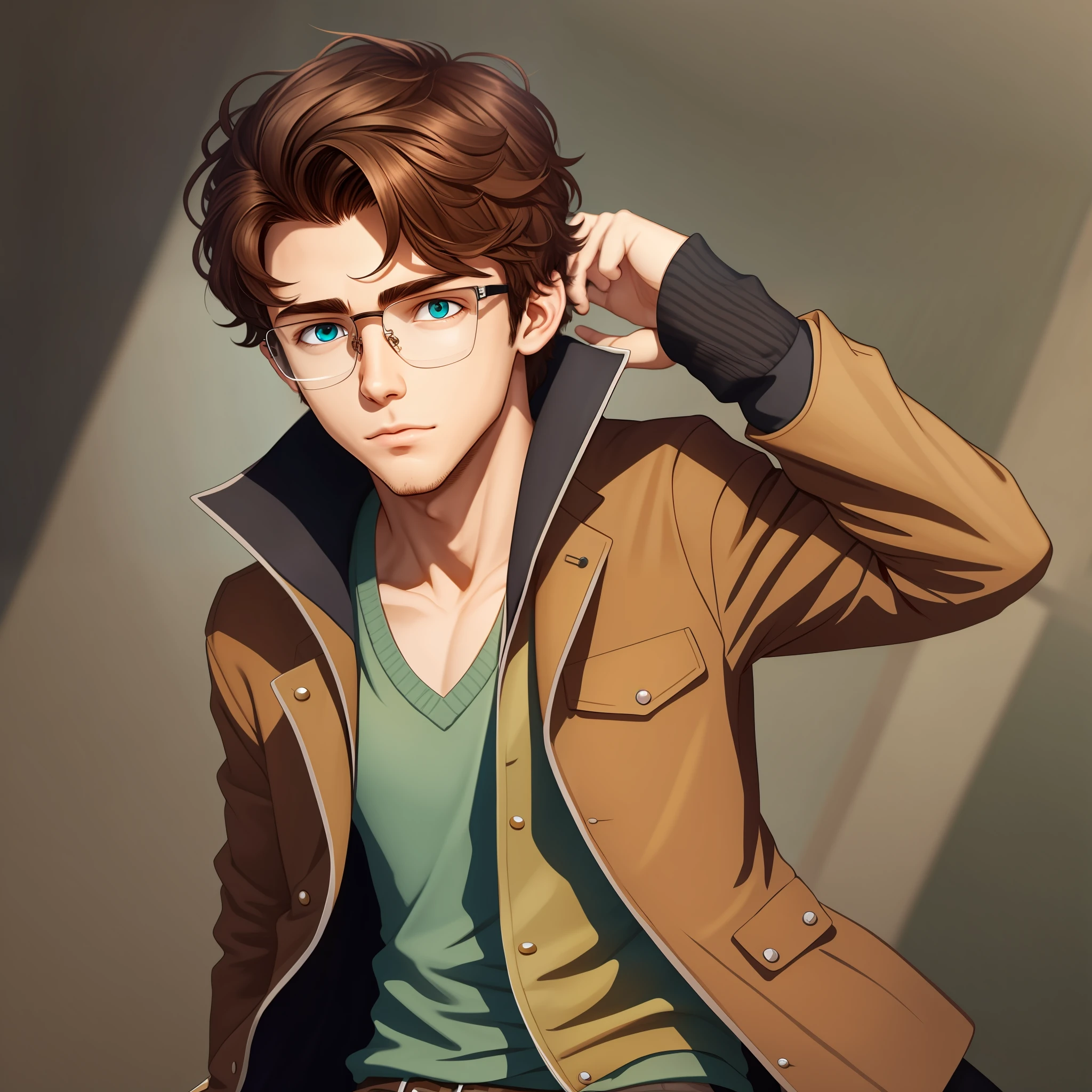 There is a young man wearing glasses and a brown jacket,about 18 years old,short wavy brown hair,Nimona animation style