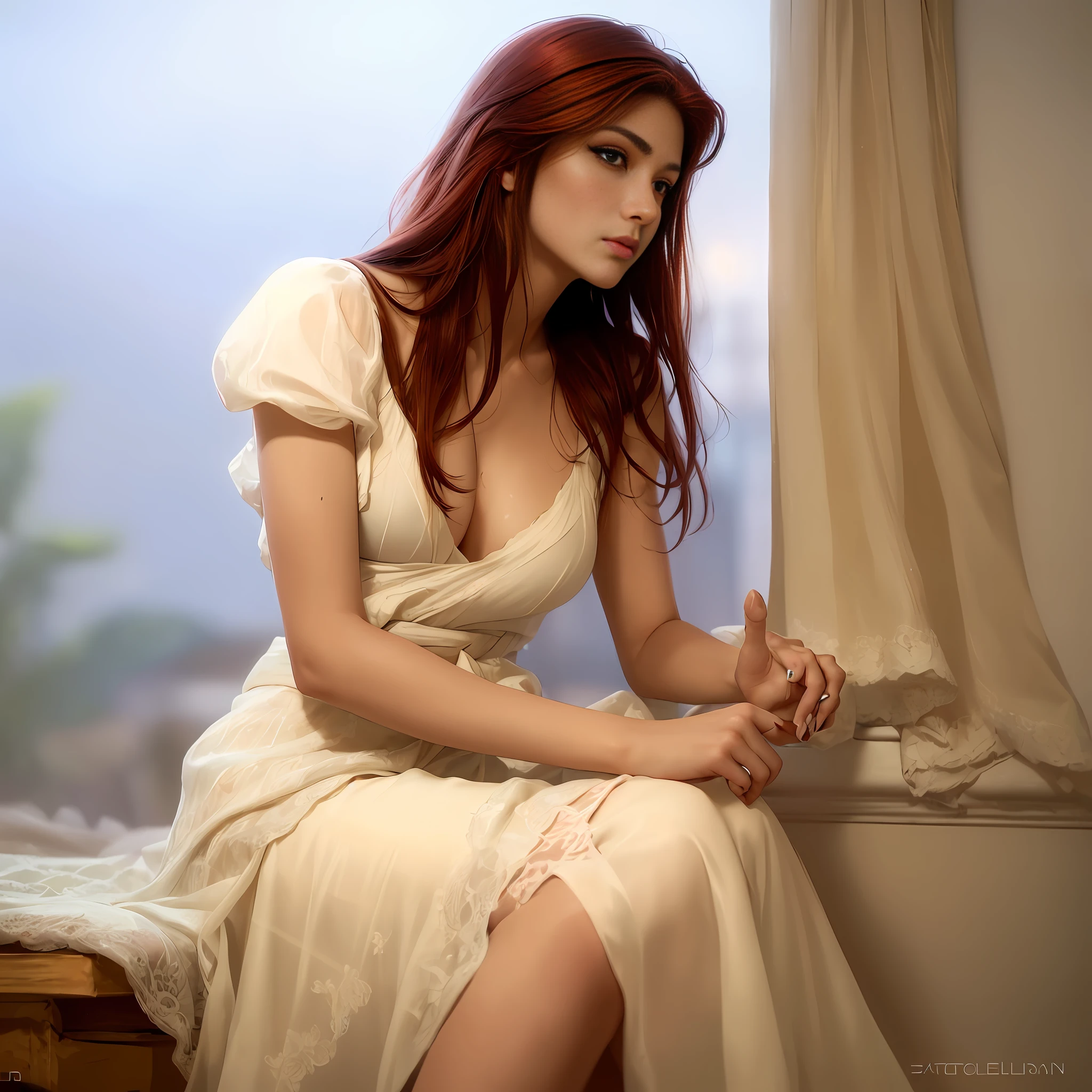 high quality fingers, normal hands, detailed fingers,masterpiece, (realistic, photo-realistic:1.37), (22 years old woman), katarina from league of legends, medium breast, small waist, dark red hair, blue eyes, beautiful face, perfect illumination, beautiful detailed eyes,looking at viewer, stunningly beautiful woman, detailed hairstyle, detailed background,shorts, detailed fantasy background, (sweat:1)