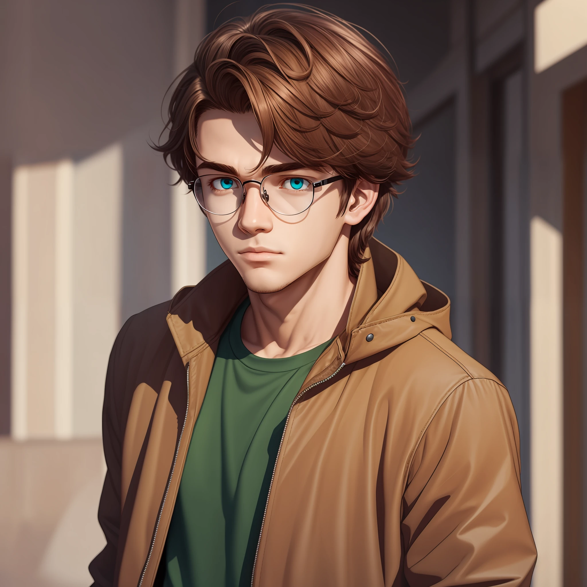 There is a young man wearing glasses and a brown jacket,about 18 years old,short wavy brown hair,Nimona animation style