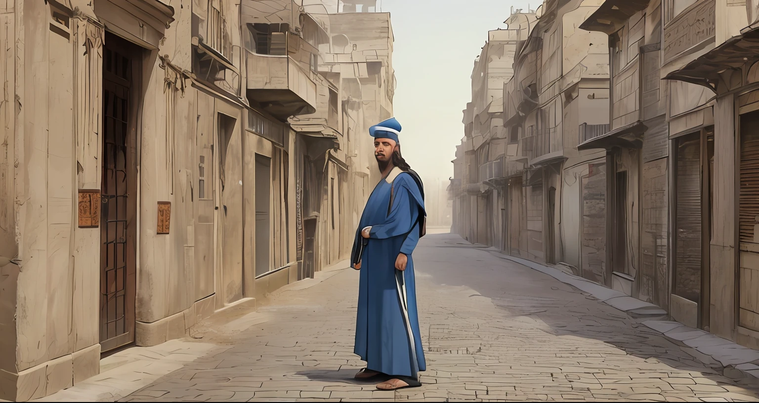 Giant man standing in the street of the city of Hebron, biblical costumes of the time of Moses, masterpiece, best quality, boniano, shukezouma, fantastic composition, old egyptian city, many buildings, detail of heaven beauty, realistic, realism