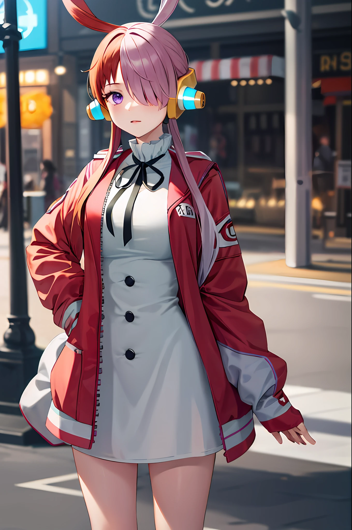 masterpiece, best quality, highres, 1girl, split-color hair, hair over one eye, red hair, multicolored hair, long hair, purple eyes, two-tone hair, hair rings, white dress, headphones, white hair, black ribbon, bangs, very long hair, medium breasts, long sleeeves, open jacket, oversized clothes, standing, street, cowboy shot,