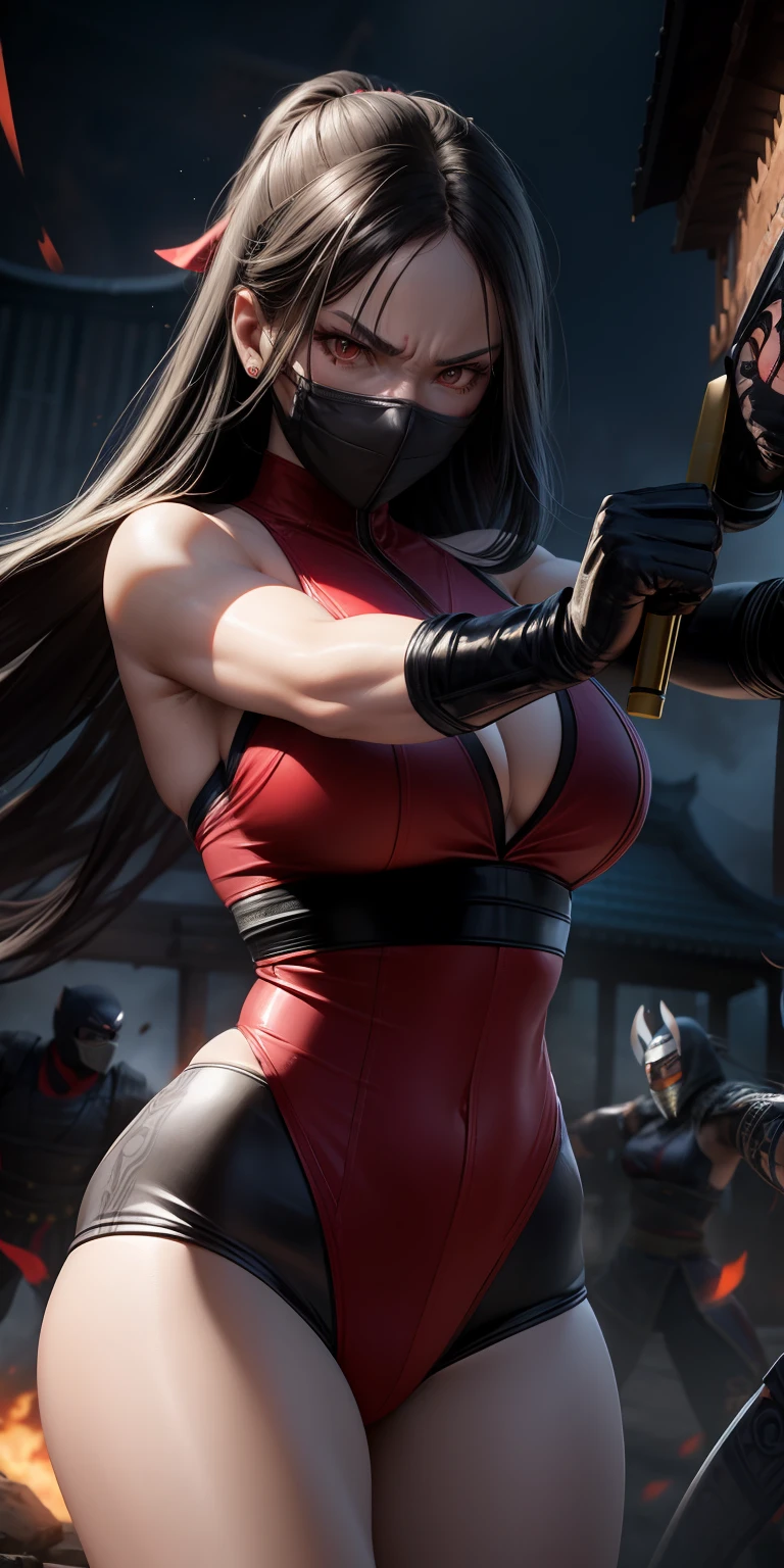 realistic, 1girl, long hair:1.5, black hair:1.2, red eyes:1.5, bright eyes, mortal kombat, ninja, blood, scar, weapons, swimsuit, mortal kombat suit, large breasts, fighting pose, furious look, temple, meditation, injuries, mask, facial mask