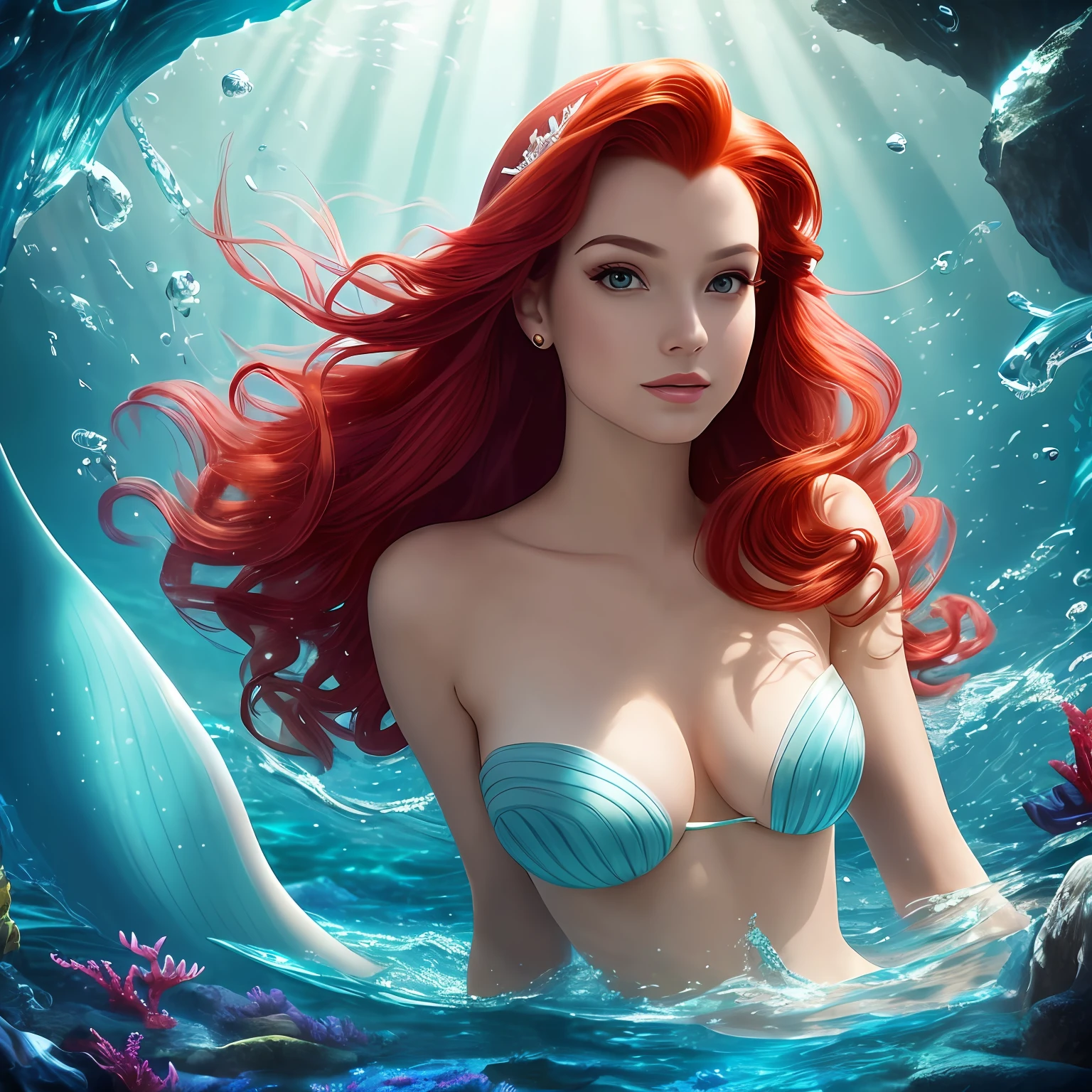 Ariel The Little Mermaid, Film Noire, Dej Stijl ,full body, amazing hair, no clothes no bra, sexy soft light, very beautiful, award-winning, elegant, alluring, dazzling, dreamy, irresistible, lovely, luscious, polished, radiant, sublime, tantalizing, unique, perfect face, head to shoulder portraiture --auto