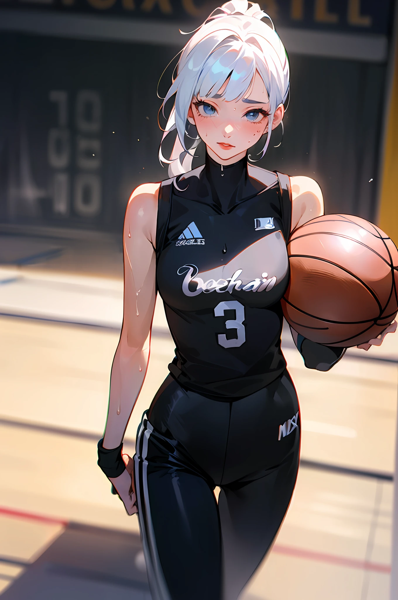 Masterpiece: 1.2, best quality), realistic, (real picture, rich details details, depth of field), (1girl, solo), makeup, cleft lip, high detail, perfect face shape, (small breasts: 1.4), (skindentation), thick thighs, Wide hips, thin waist, tall, coral, red lips, blue eyes, white hair, ponytail, ((((basketball girl, black basketball suit, mid-length pants)))), (sweat: 1.2), (wet), sexy, blushing, sweaty, big breasts