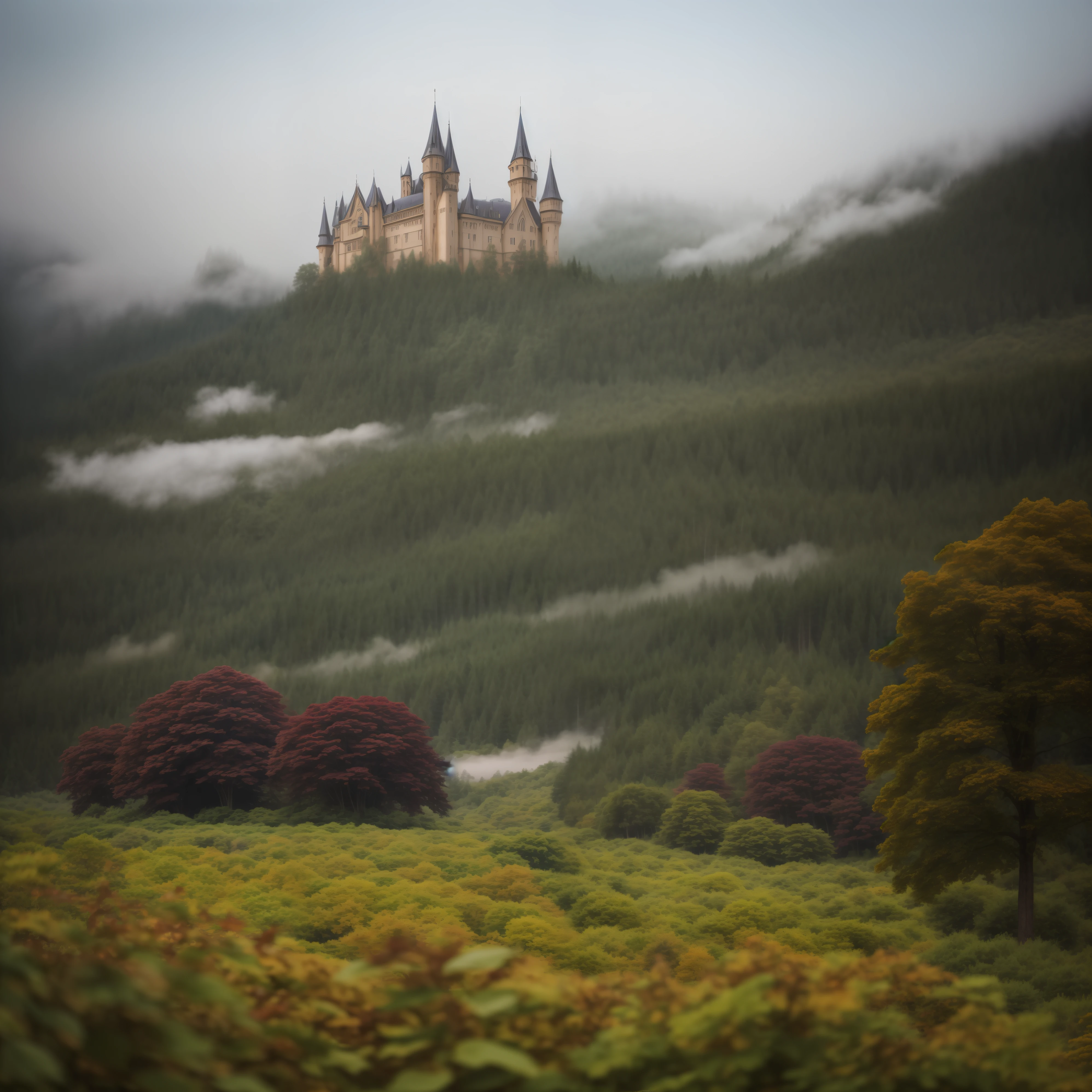 Forest,strong mist,trees and shrubs with purple leaves,background castle,mystery,RAW photo, best quality, masterpiece: 1.2), ultra detailed, official art, photo-realistic