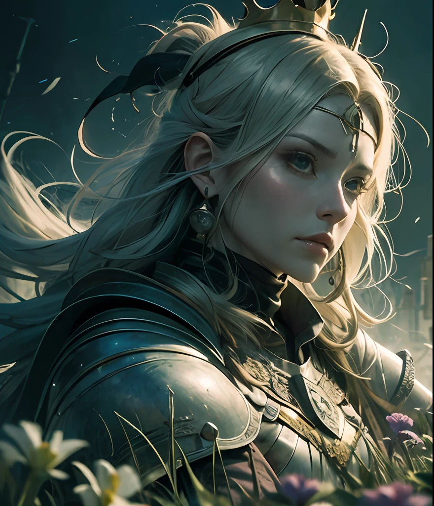 a warrior in a dark armor whose hear is a green glowing skull, long hair, cape, dark crown, a magestic castle on the far background amonst the fog and mist, field of grass and flowers, a heavy sword on the warrior's hand, ( solo character ) , fantasy, medieval , anime , 32k , high detailed, intrincate, masterpiece --auto --s2