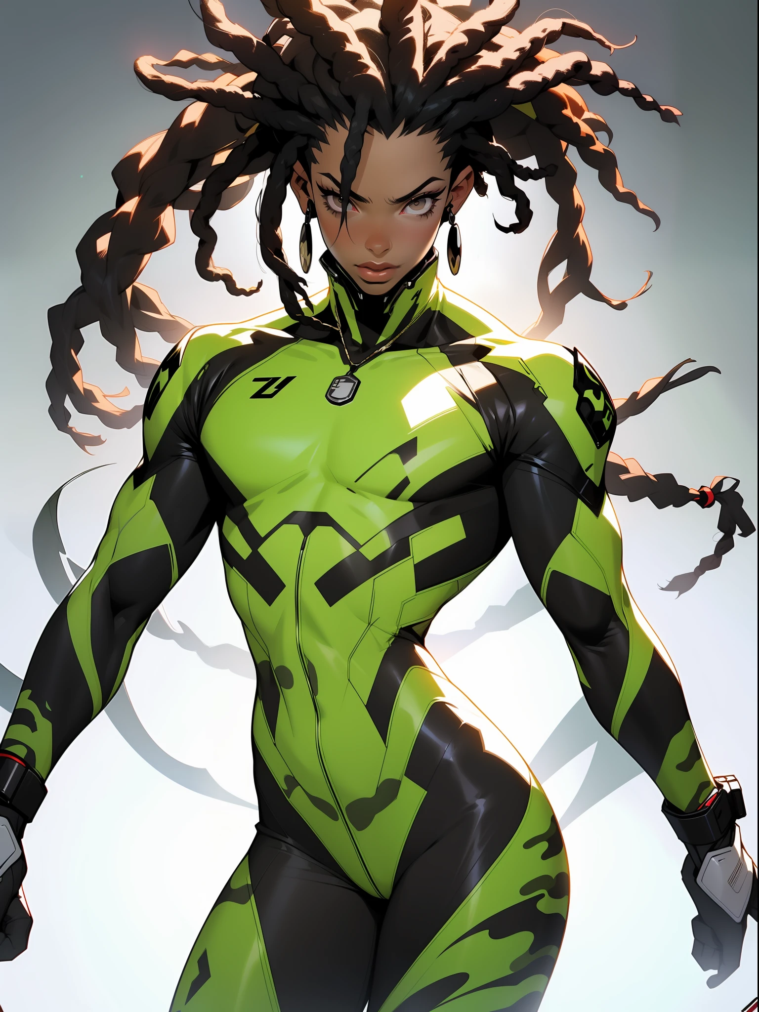 ((Best quality)), ((masterpiece)), (detailed: 1.4), (Absurd), Zulu warrior, zebra, African bracelets and necklaces, black skin, cybernetic hands, Clothing with zebra skin camouflage, explosion of colors, cosmic tattoo, nebulous, muscular sculptural body defined, whole body, half thick naked thighs, closed mouth, body covered by green technological clothing, Hyung Tae Kim style, cyberpunk, generous neckline, ((perfect medium breasts)), (super light brown eyes), ((clothing with zebra skin camouflage)), (((black and white hair with dreadlocks)))), long and black eyelashes heavy makeup, various African jewelry, bare legs, by mucha, niji --V5, close to real, path, crazy sexy pose, tal background, 2 piece clothing, pastel, centered, scale to fit the dimensions, HDR (High Dynamic Range), Ray Tracing,NVIDIA RTX,Super-Resolution,Unreal 5,Subsurface Dispersion, PBR Texture, Post-processing, Anisotropic Filtering, Depth of Field, Maximum Clarity and Sharpness, Multilayer Textures, Albedo and Specular Maps, Surface Shading, Accurate Simulation of Light-Material Interaction, Perfect Proportions, Octane Render, Two-Tone Lighting, Wide Aperture, Low ISO, White Balance, Rule of Thirds, 8K RAW, African Standards