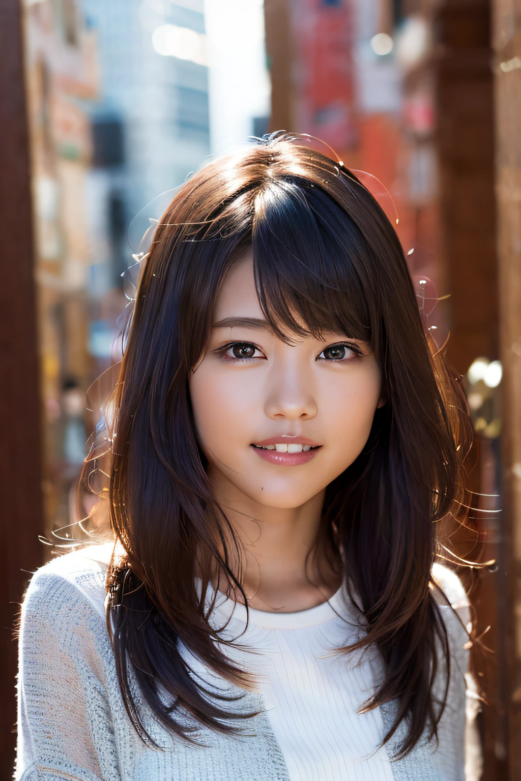 (8k, RAW photo, top quality, masterpiece: 1.2), (realistic, photorealistic: 1.3), super detailed, ultra high resolution, one girl, beholder, beautiful detailed face, smile, constriction, (slim waist: 1.3), shirt, beautiful detailed skin, skin texture, floating hair, professional lighting,