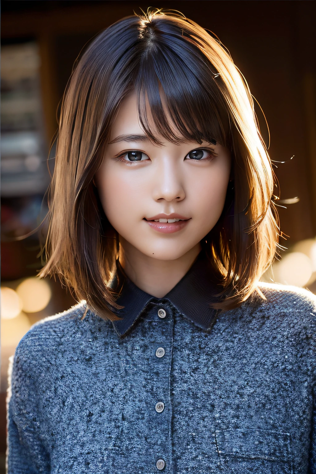 (8k, RAW photo, top quality, masterpiece: 1.2), (realistic, photorealistic: 1.3), super detailed, ultra high resolution, one girl, beholder, beautiful detailed face, smile, constriction, (slim waist: 1.3), shirt, beautiful detailed skin, skin texture, floating hair, professional lighting,