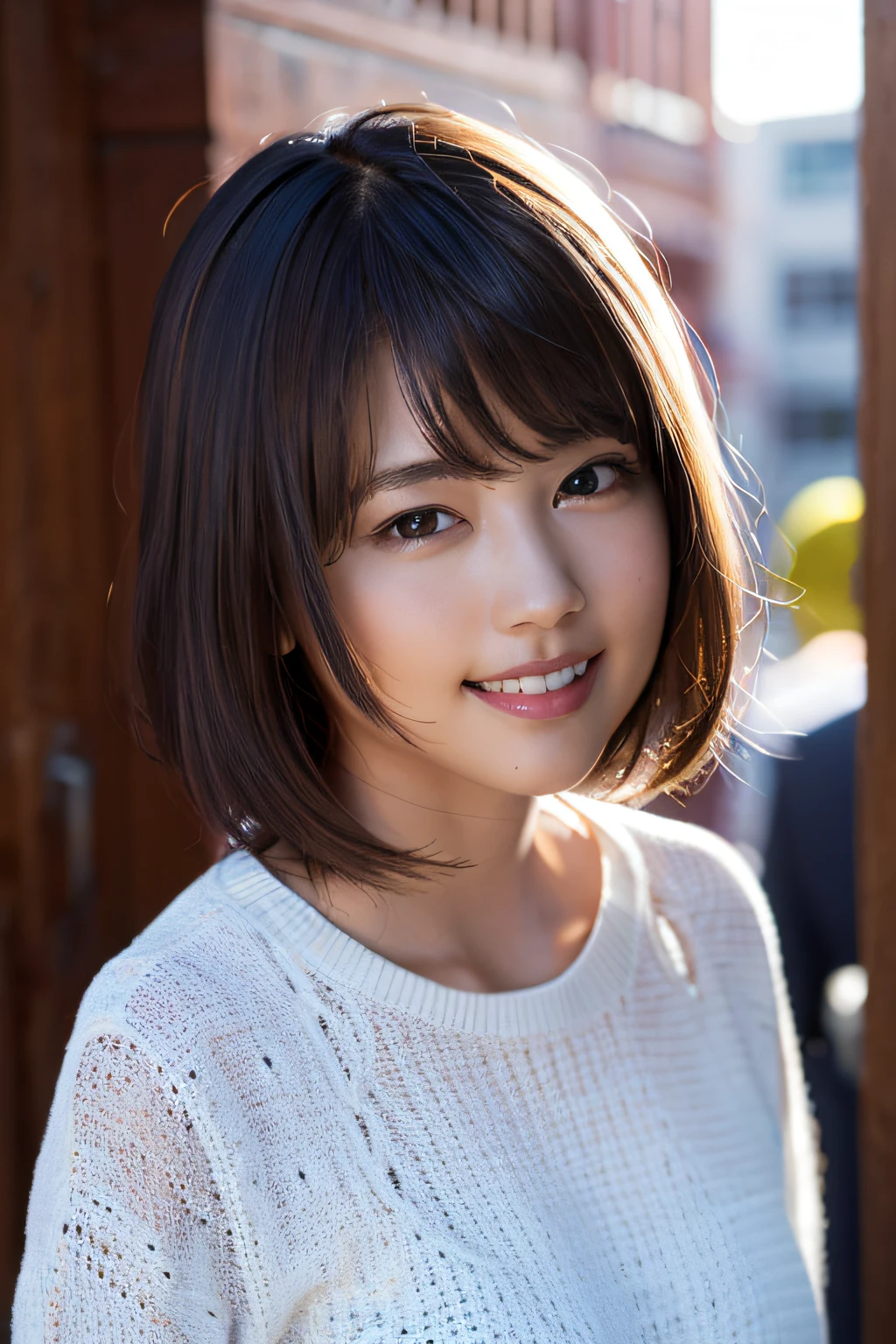 (8k, RAW photo, top quality, masterpiece: 1.2), (realistic, photorealistic: 1.3), super detailed, ultra high resolution, one girl, beholder, beautiful detailed face, smile, constriction, (slim waist: 1.3), shirt, beautiful detailed skin, skin texture, floating hair, professional lighting,