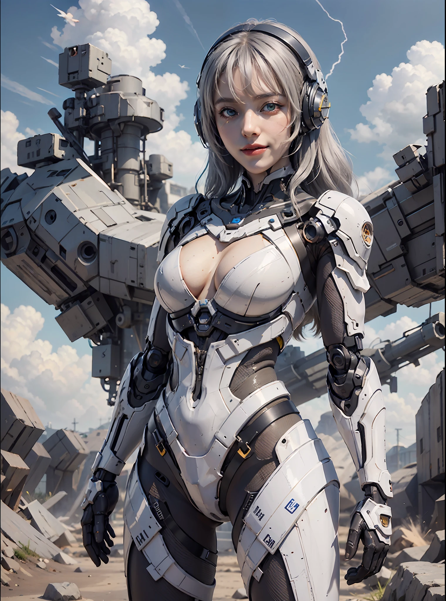 8K, Best Quality, Masterpiece, Ultra High Resolution, (Realism: 1.4), Girl Futuristic Battle Suit, Green Pupils, In the cockpit of a mecha, Cloudy background, Dark Clouds, Lightning, Mechanically Built Birds, Real Woman, Cleavage, Real Face, Cute Girl, Smile, Perfect Cyborg Girl, Wearing Sci-Fi Headphones, Beautiful Female , Beautiful Girl Cyborg, Silver Hair, full body
