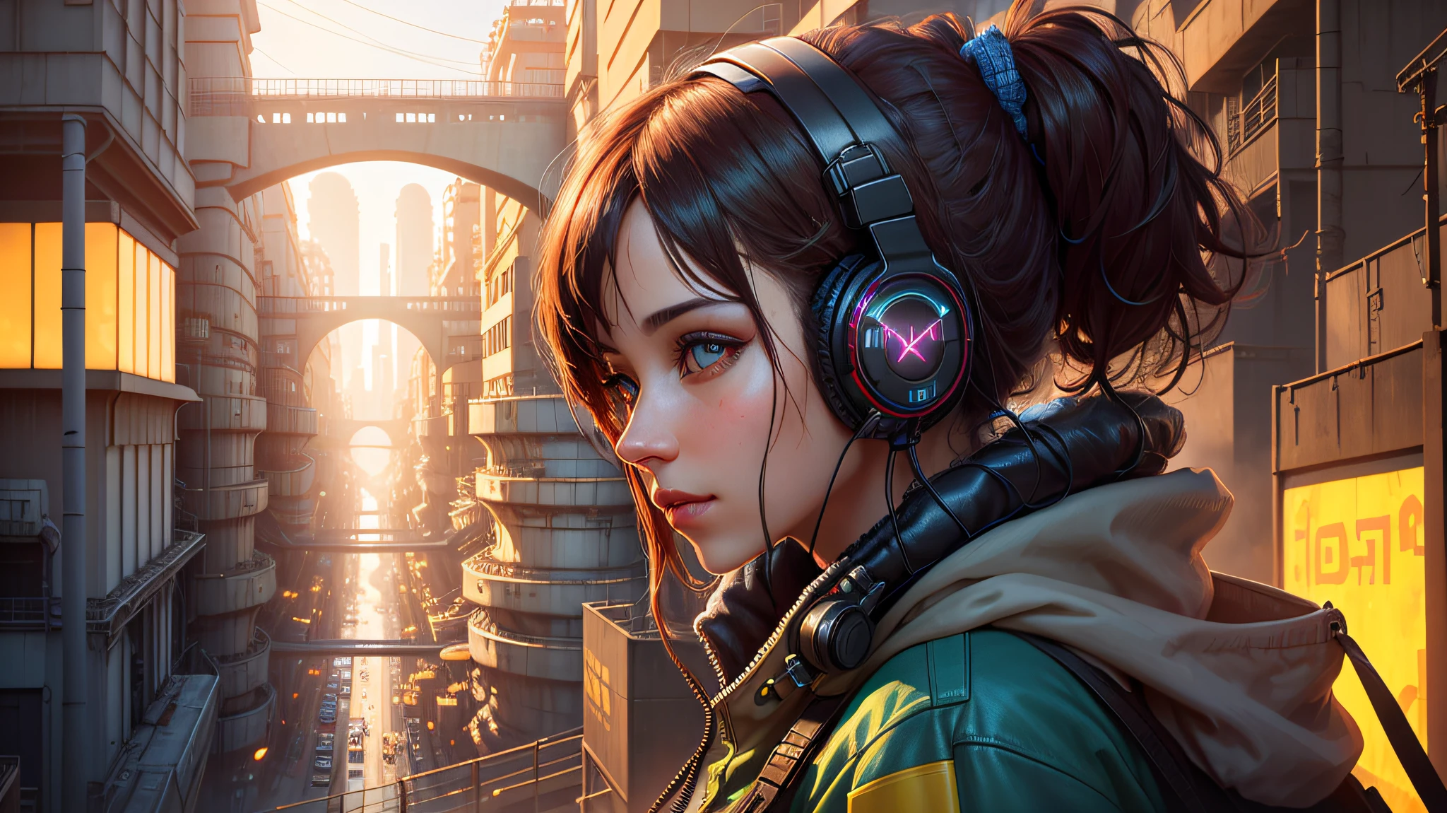 masterpiece, best illustration, solo, woman, walking, short and voluminous curly hair, fur trim, computer, monitor, hood, jacket, hood down, chair, headphones, city, with your dogs, and cat \(\(intricate details\)\),colorful details,iridescent colors BREAK,\(\(best quality masterpiece\)\),4k,ultra detailed,detailed lighting,\(\(inspired by Hayao Miyazaki\)\),official art,promotional art,composition,