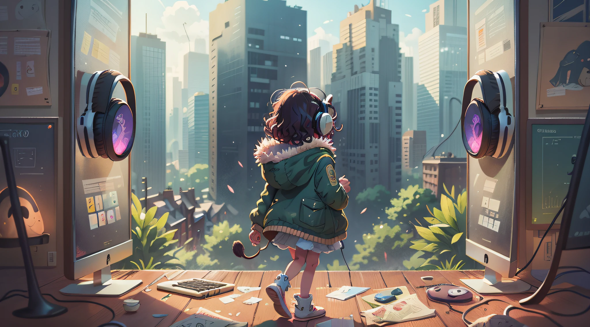 masterpiece, best illustration, solo, woman, walking, short and voluminous curly hair, fur trim, computer, monitor, hood, jacket, hood down, chair, headphones, city, with your dogs, and cat \(\(intricate details\)\),colorful details,iridescent colors BREAK,\(\(best quality masterpiece\)\),4k,ultra detailed,detailed lighting,\(\(inspired by Hayao Miyazaki\)\),official art,promotional art,composition,