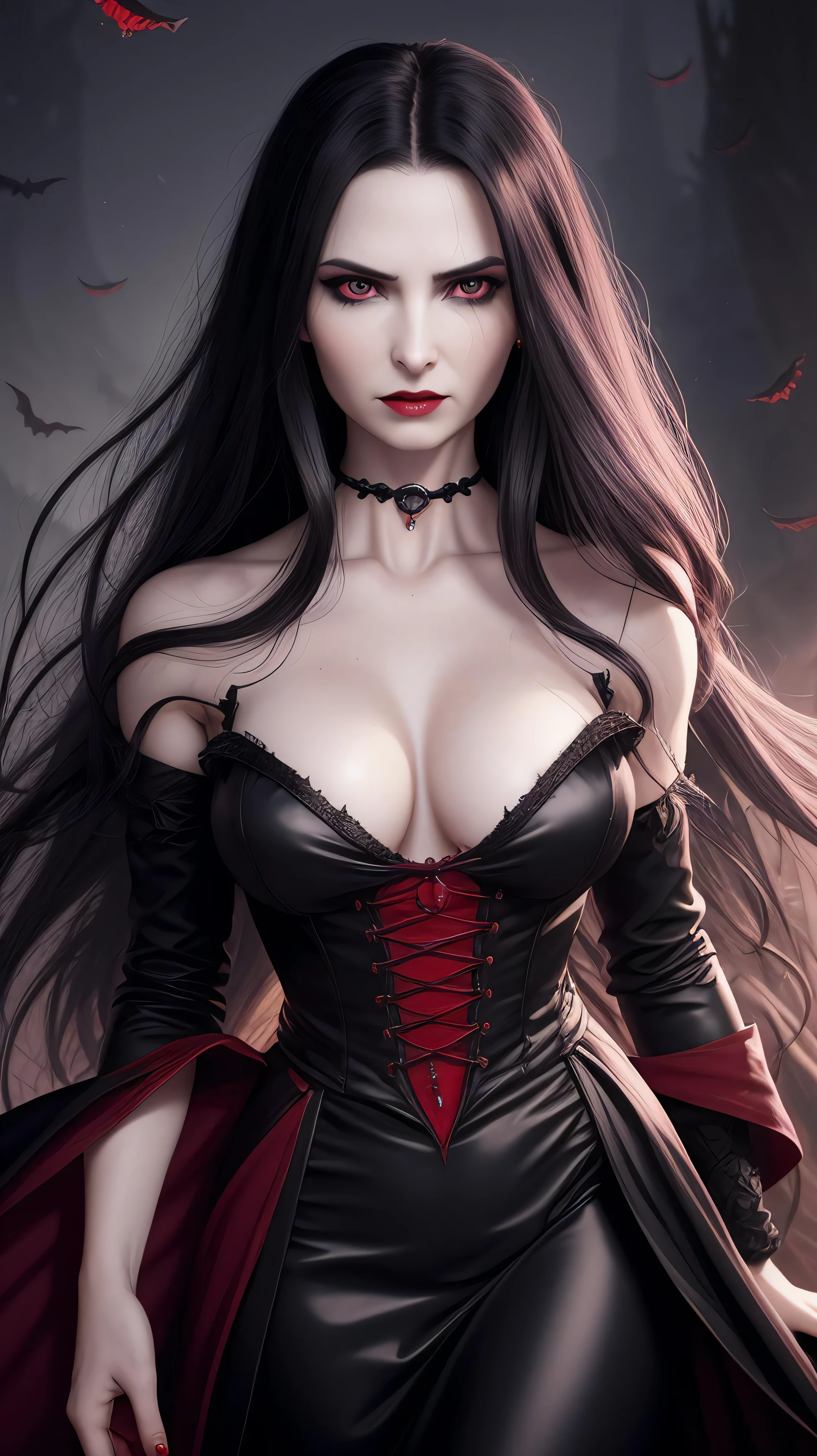 a woman vampire, Gothic Nightdress, (epic portrait:0.85), flowing hair, sweaty skin, night, red eyes, (fangs:1.2), [[soft cinematic light, adobe lightroom, photolab, hdr, intricate, highly detailed, ]],((by Anne Stokes,James Gilleard)), (depth of field), epic realistic, [[[bloodpunk]]], hair by Anna Dittmann and by Peter Max,