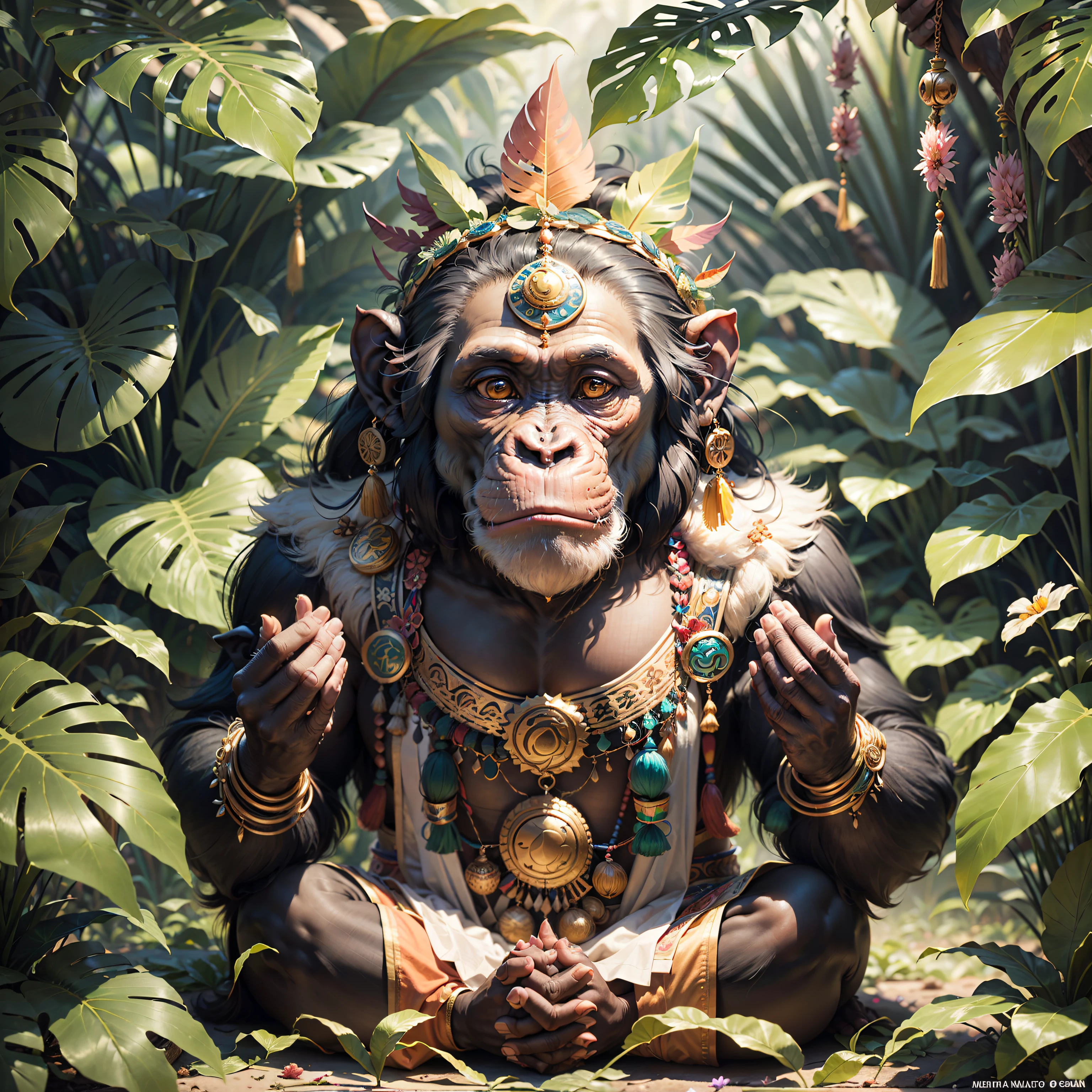 Chimpanzee ((Indian)),, ((with praying hands)),,elegant chimpanzee, hair with details, with indigenous headdress on the head, ((meditating)) colorful feathers, facing the camera, detail: dense tropical foliage, highly detailed intricate, ((masterpiece)), ultra hyperrealistic, masterpiece