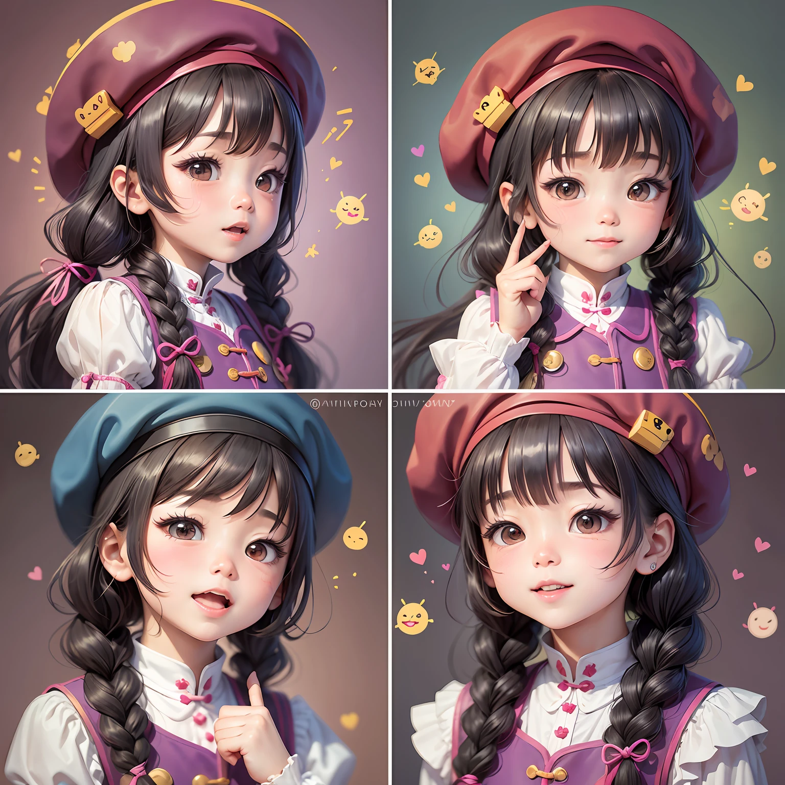 Emoticons, various expressions of an extremely adorable little Chinese girl, with two braids, wearing a purple dress and a lovely beret, Expressions such as happy, laughing, shy, surprised, angry, puzzled, acting cute, curious, and so on, surrounded by heart-shaped symbols, watercolor children's illustration style, bold outline style --ar 3:4 --auto