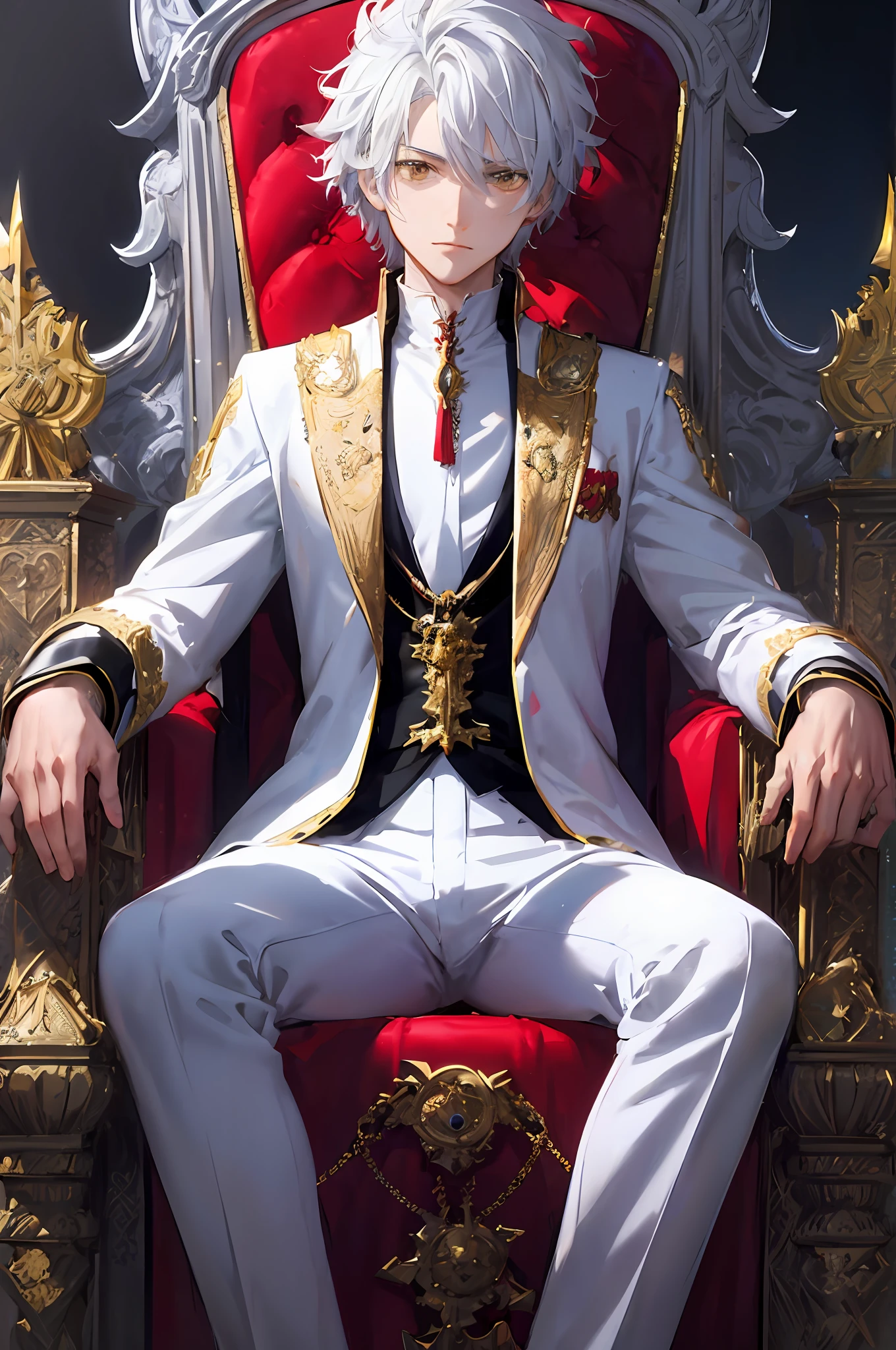 anime - style image of a man sitting on a throne with a red and gold chair, sitting in a gilded throne, sitting on his throne, beautiful androgynous prince, sitting on intricate throne, sitting on a throne, royal attire akira, sitting on an ornate throne, sat in his throne, royal elegant pose, delicate androgynous prince